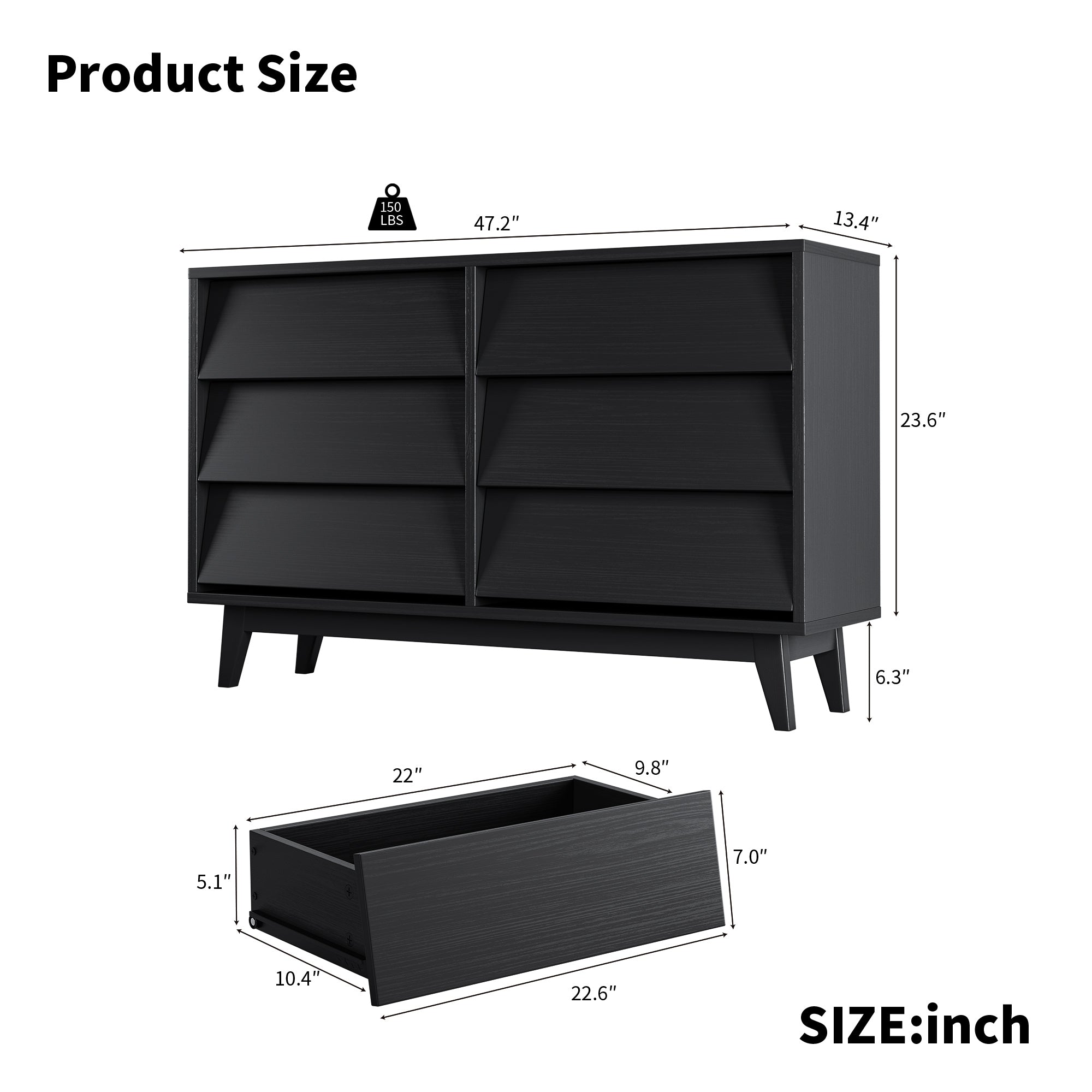 6 Drawer Vintage Bevel Dresser (Black)