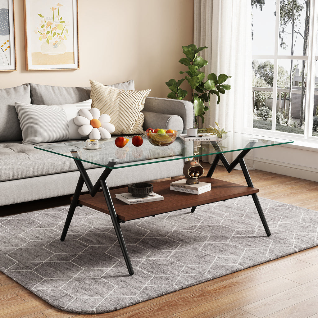 Modern Rectangle Coffee Table with Tempered Glass