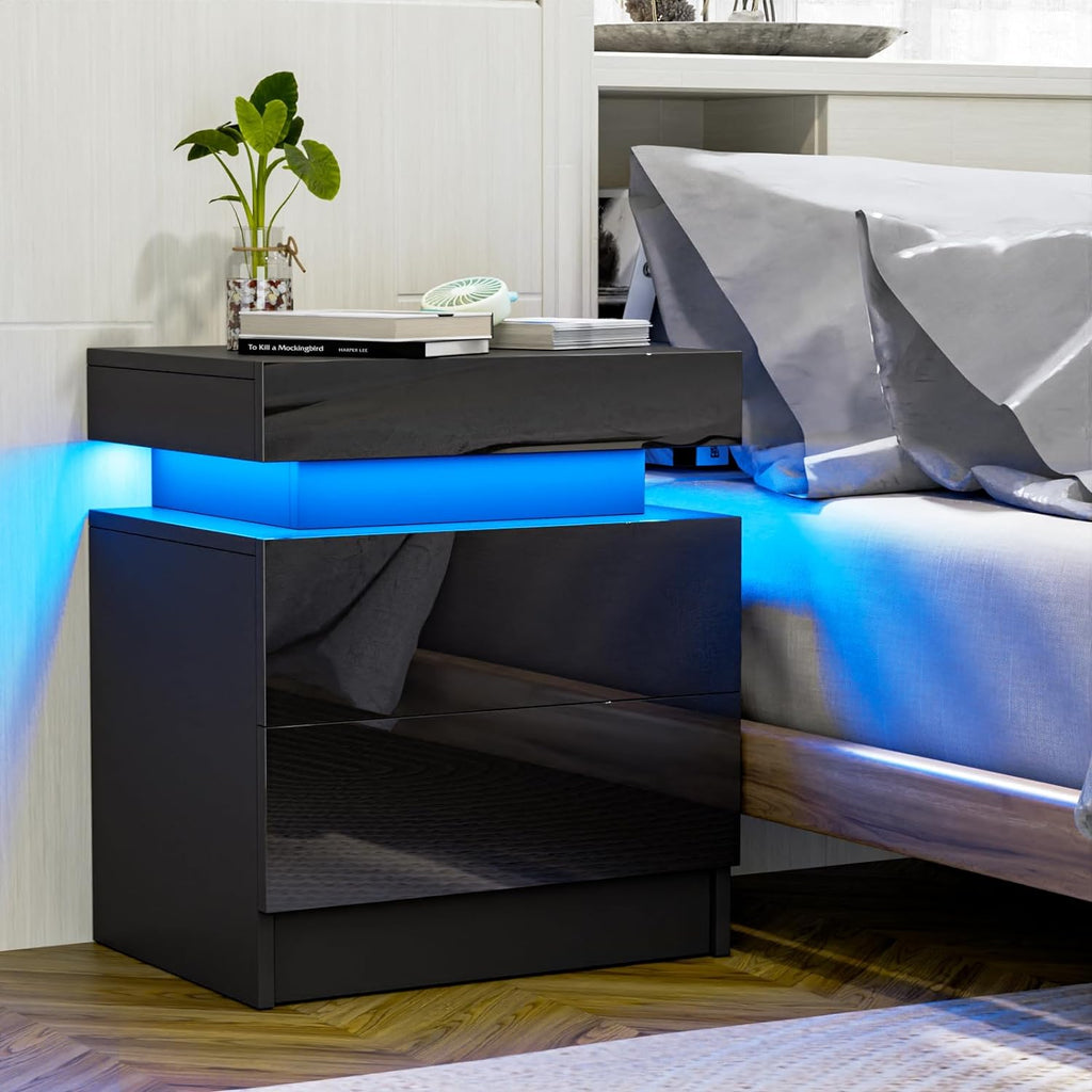 Modern LED Nightstand w/ 2 Drawers (Black)