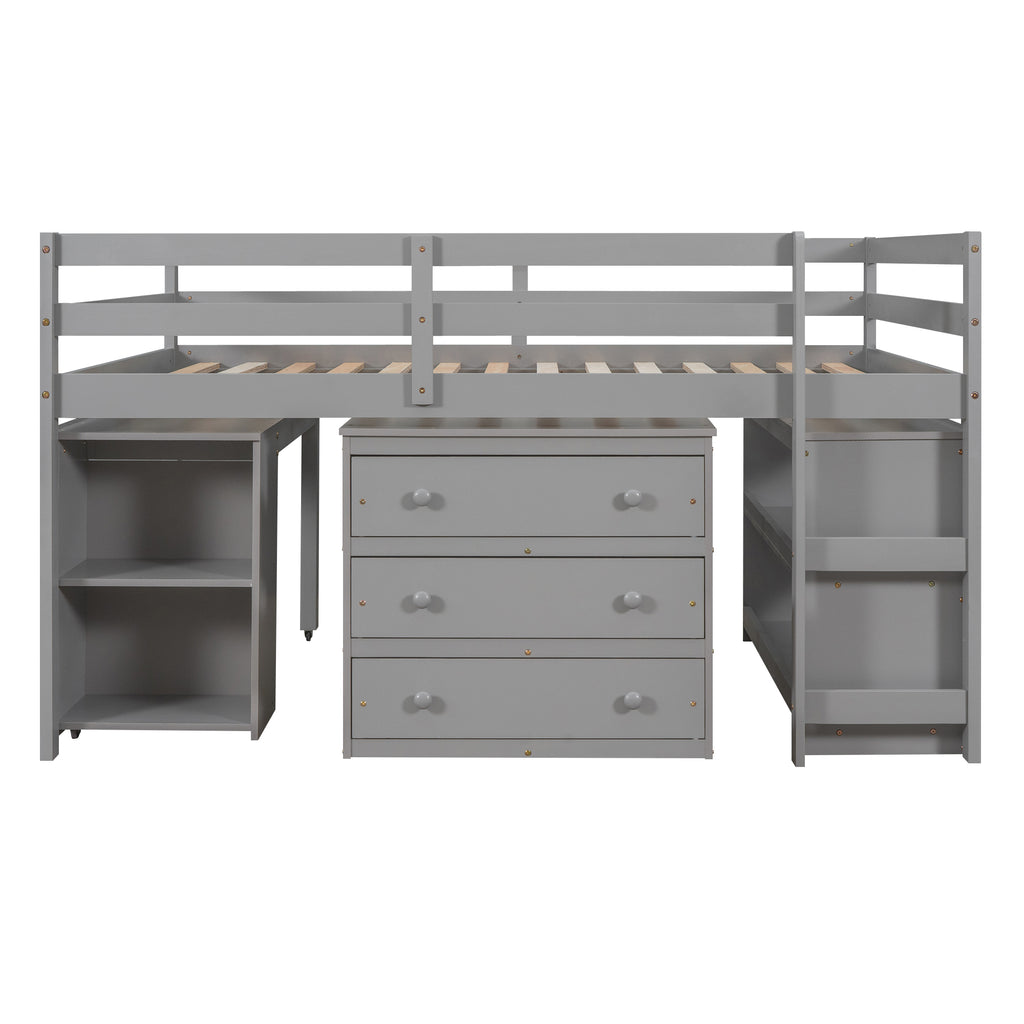 Low Study Full Loft Bed w/ Cabinet Shelves & Desk (Gray)