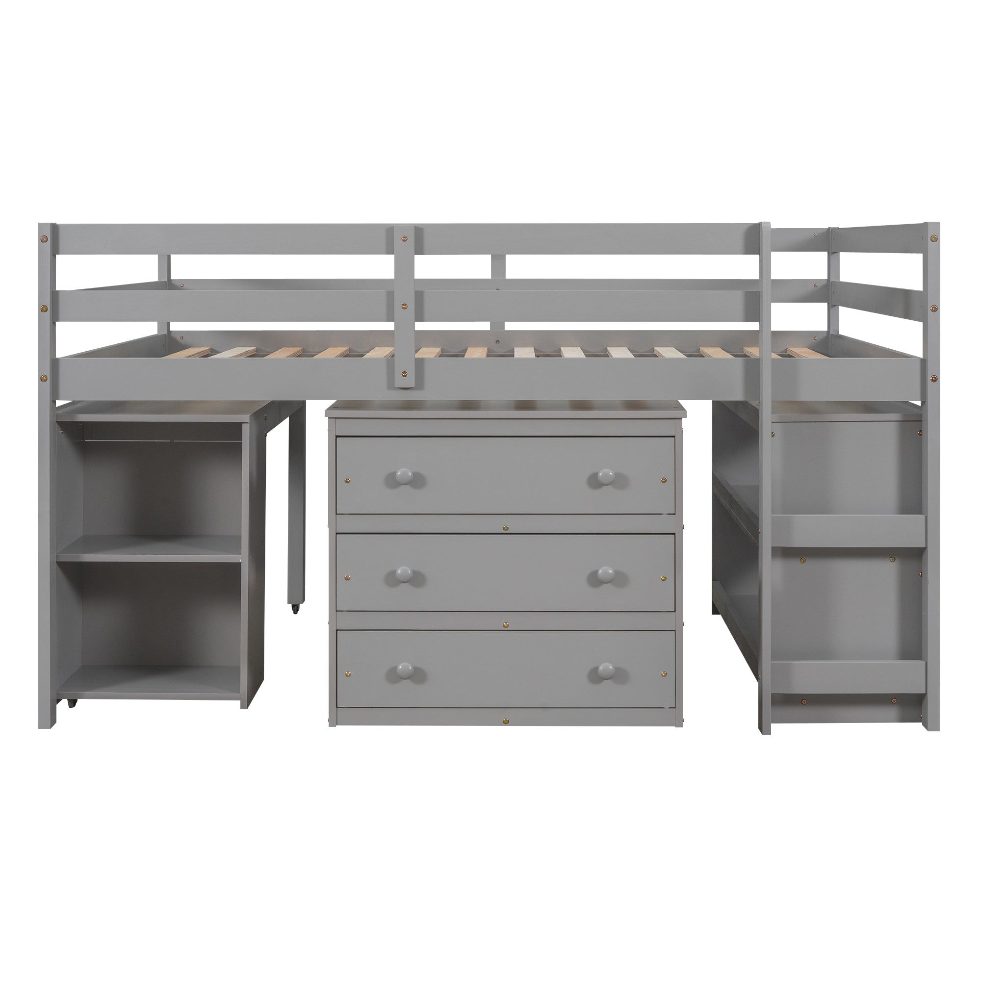 Low Study Full Loft Bed w/ Cabinet Shelves & Desk (Gray)