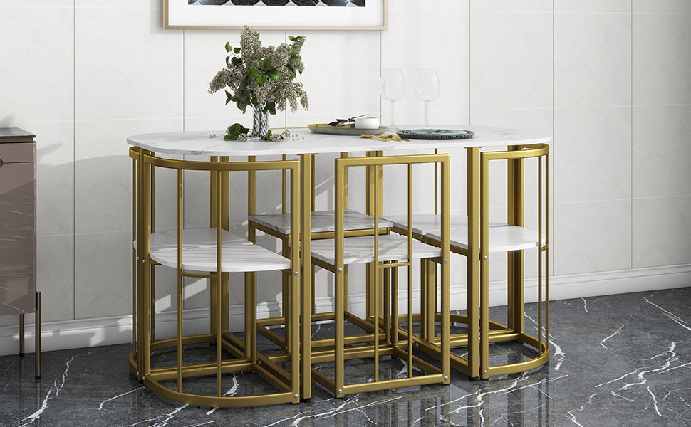 Modern 7-Piece Dining Table Set with Faux Marble (White/Gold)
