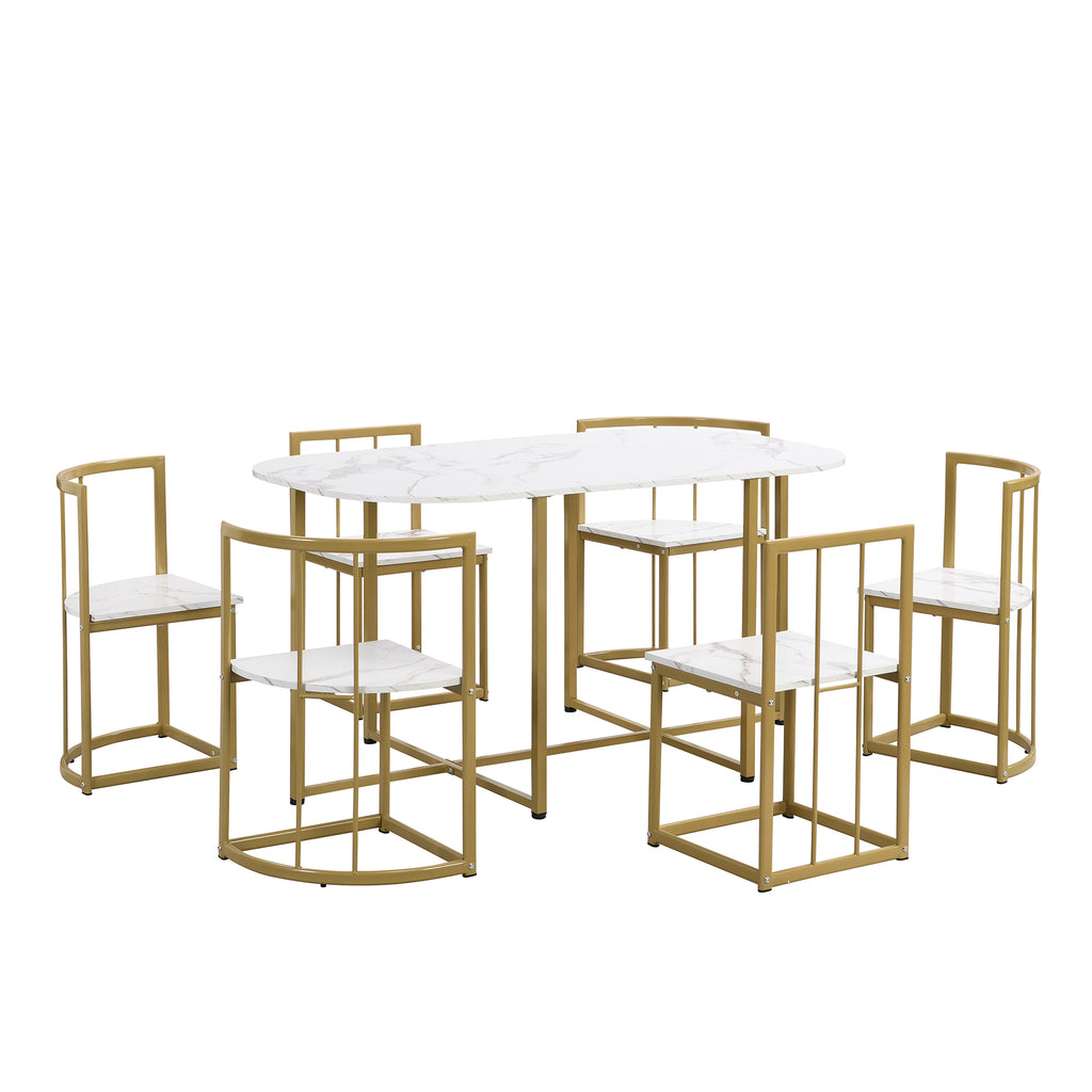 Modern 7-Piece Dining Table Set with Faux Marble (White/Gold)