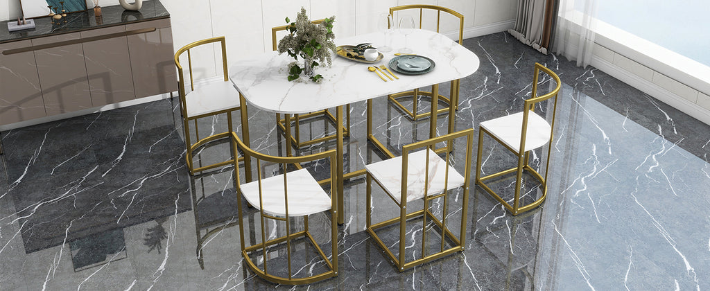 Modern 7-Piece Dining Table Set with Faux Marble (White/Gold)