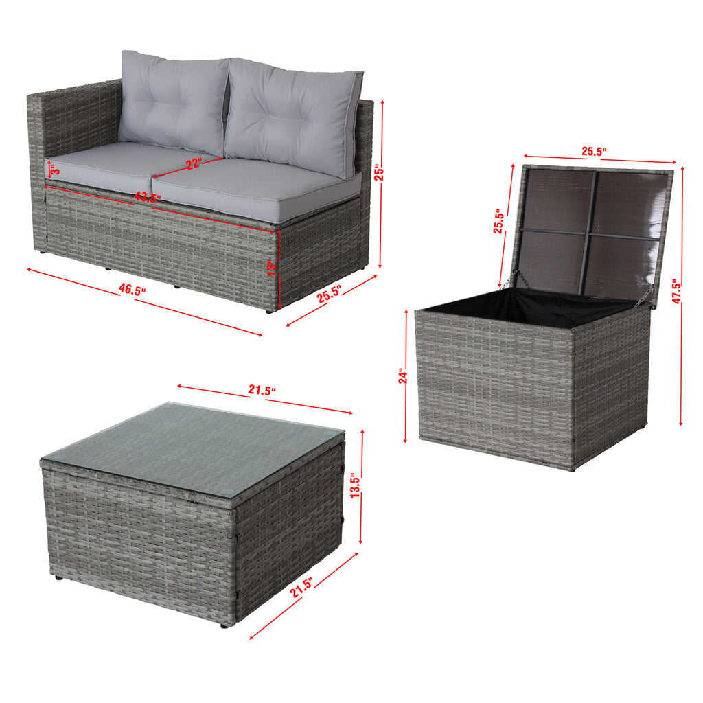 4 Piece Sectional, Wicker Rattan Outdoor Patio Furniture (Gray)