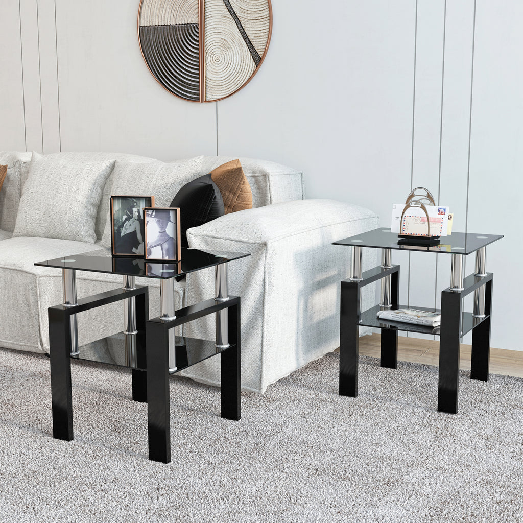 Set of 2, Modern Tempered Glass Coffee Table (Black)