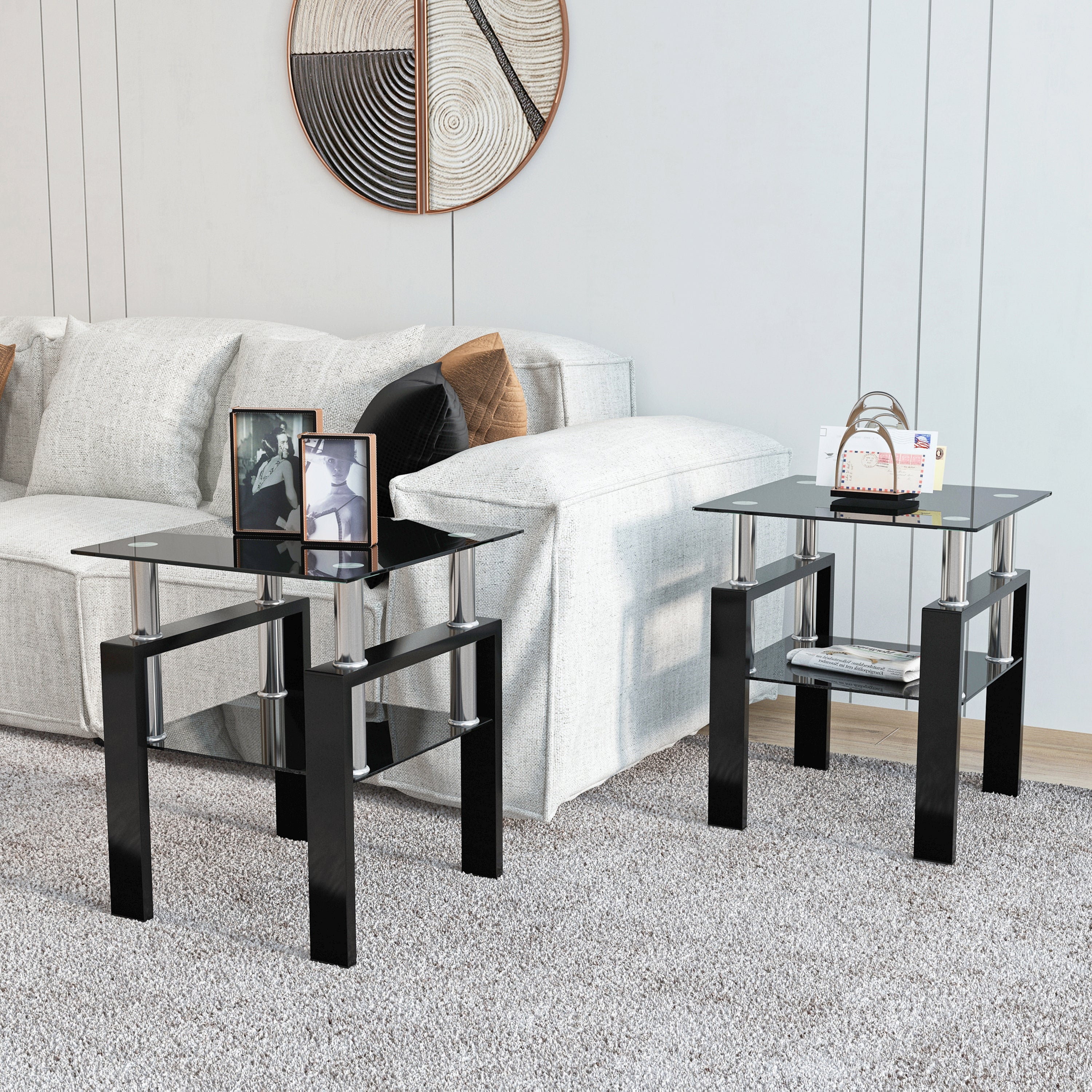 Set of 2, Modern Tempered Glass Coffee Table (Black)