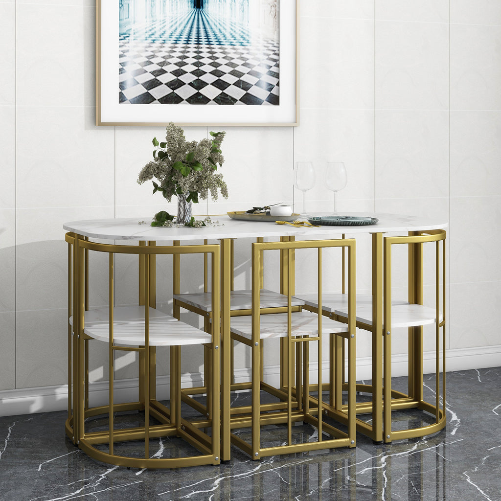 Modern 7-Piece Dining Table Set with Faux Marble (White/Gold)