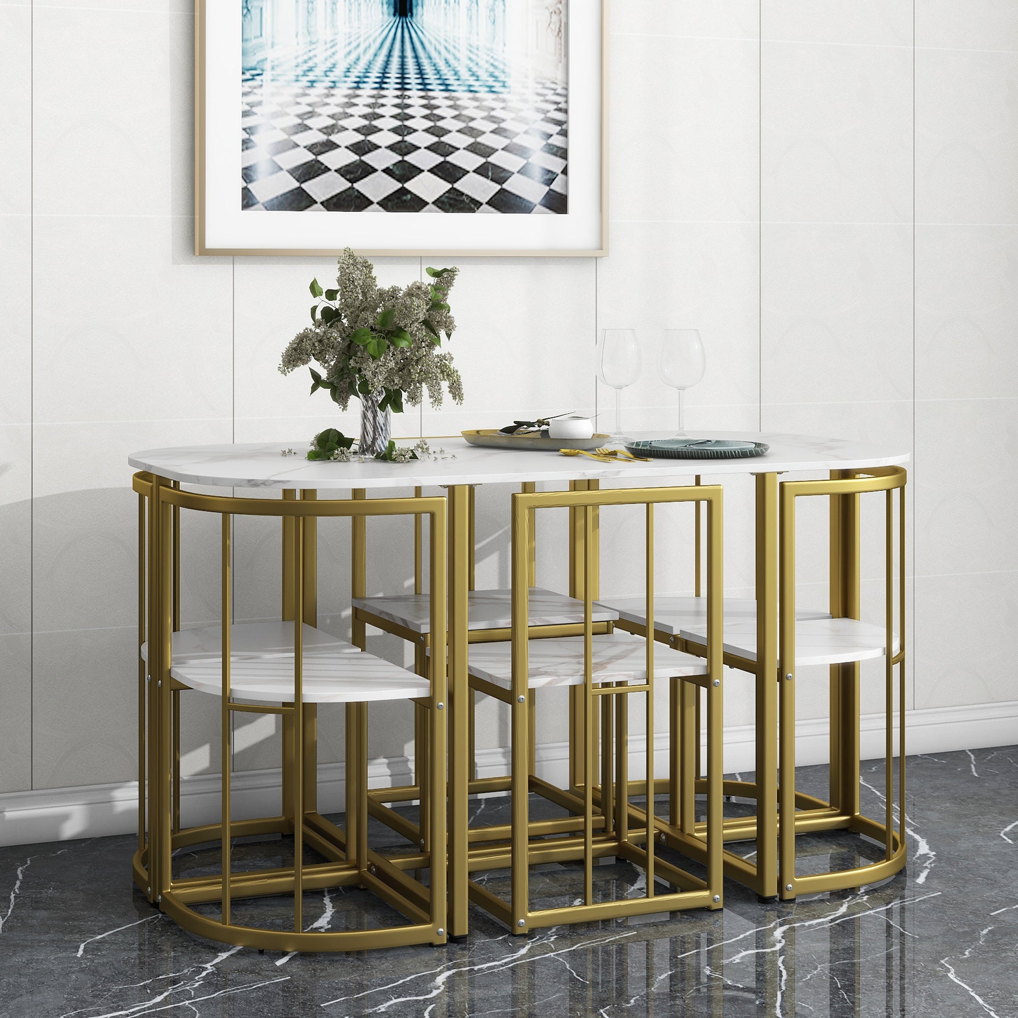 Modern 7-Piece Dining Table Set with Faux Marble (White/Gold)
