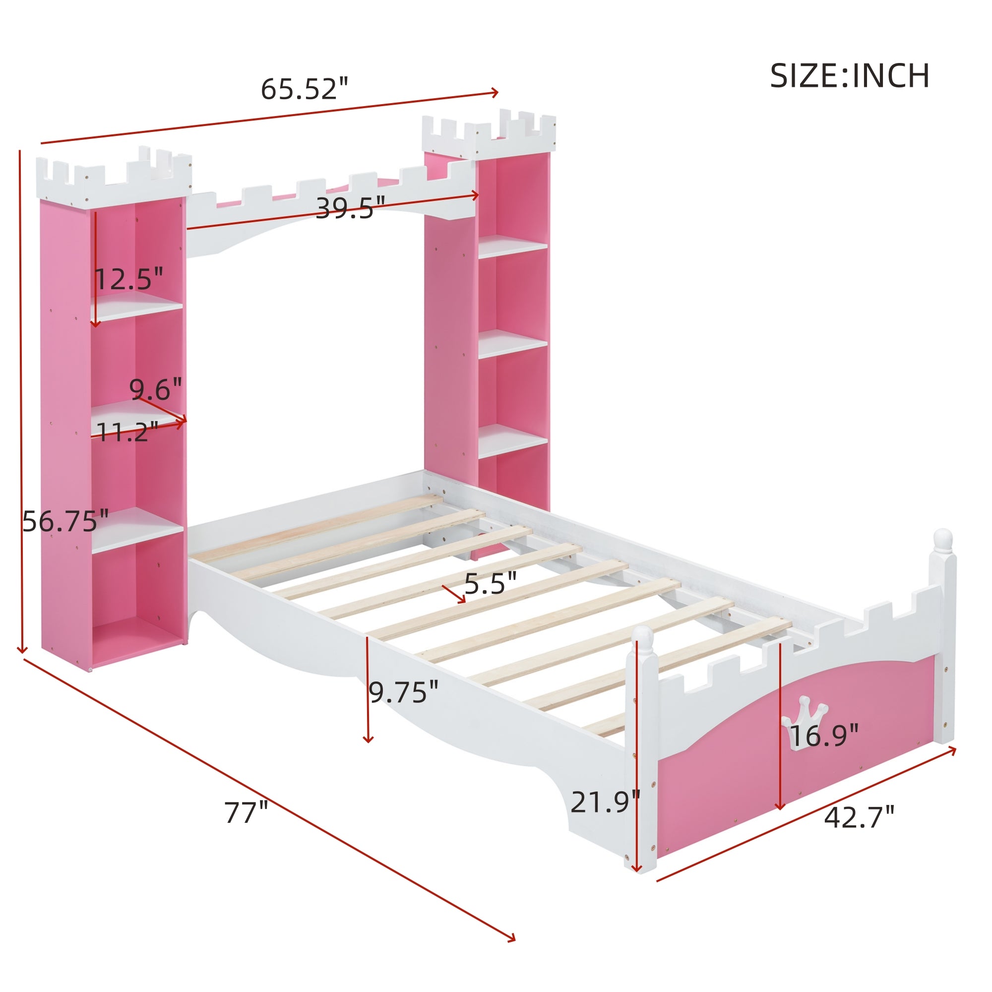 Castle-Shaped Wooden Bed w/ Storage Shelf (Pink)