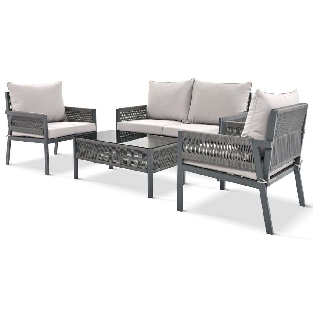 4 PC Boho Outdoor Furniture w/ Tempered Glass Table (Gray)