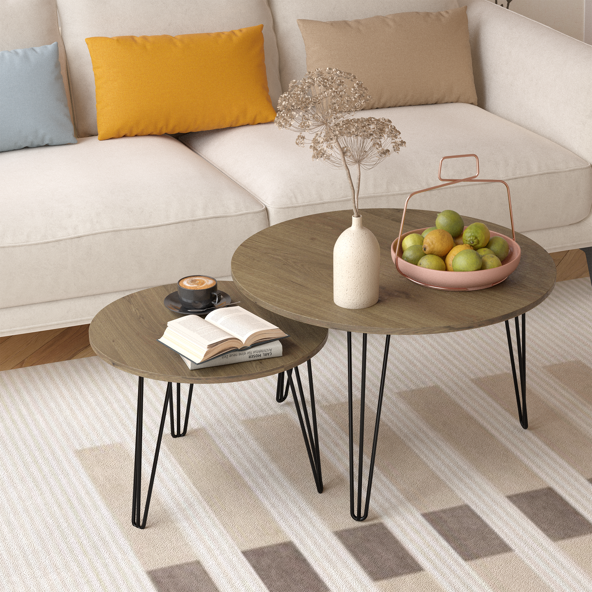 2 Set Round Nesting End Table Set w/ Sturdy Metal Base (Brown)