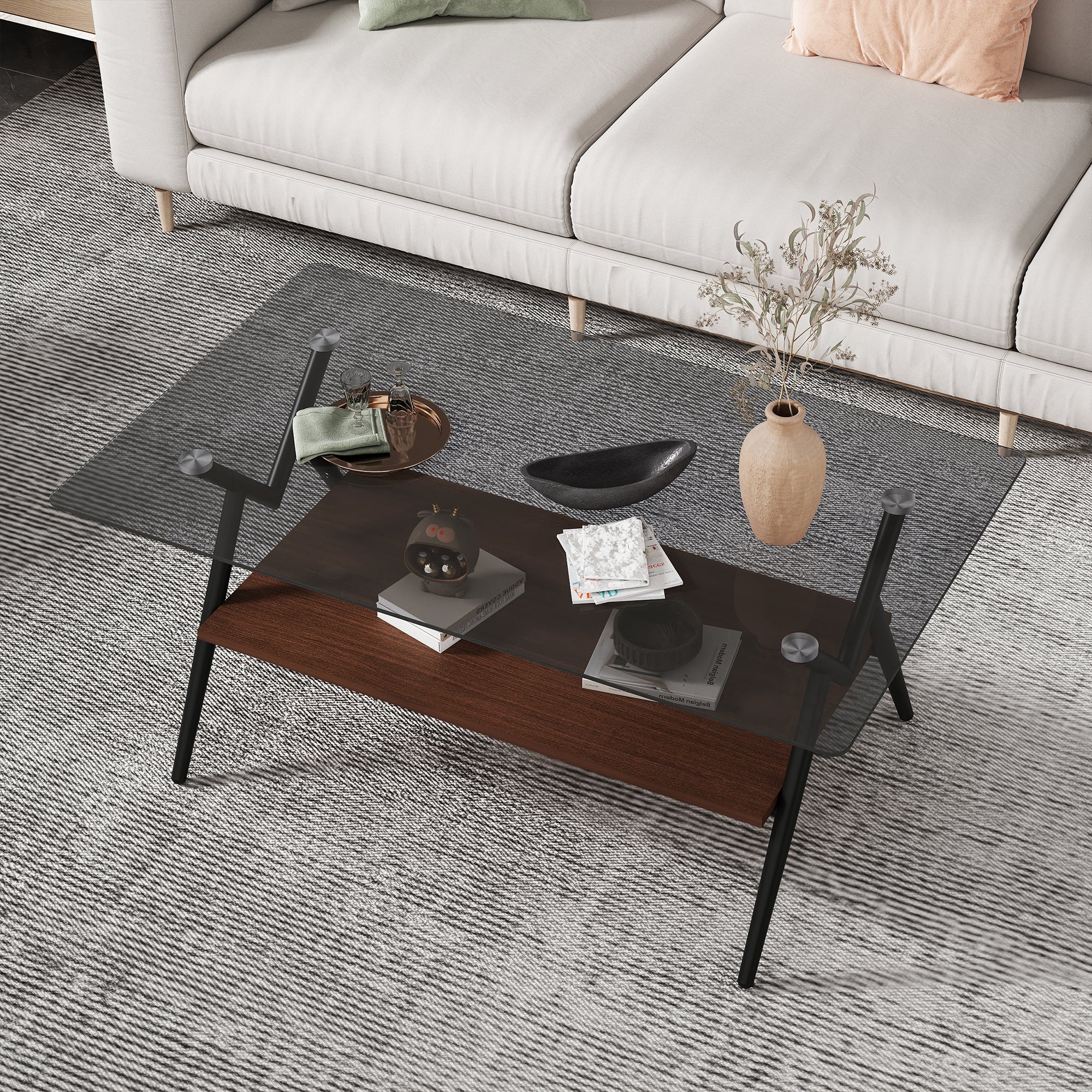 Modern Rectangle Coffee Table with Gray Tempered Glass