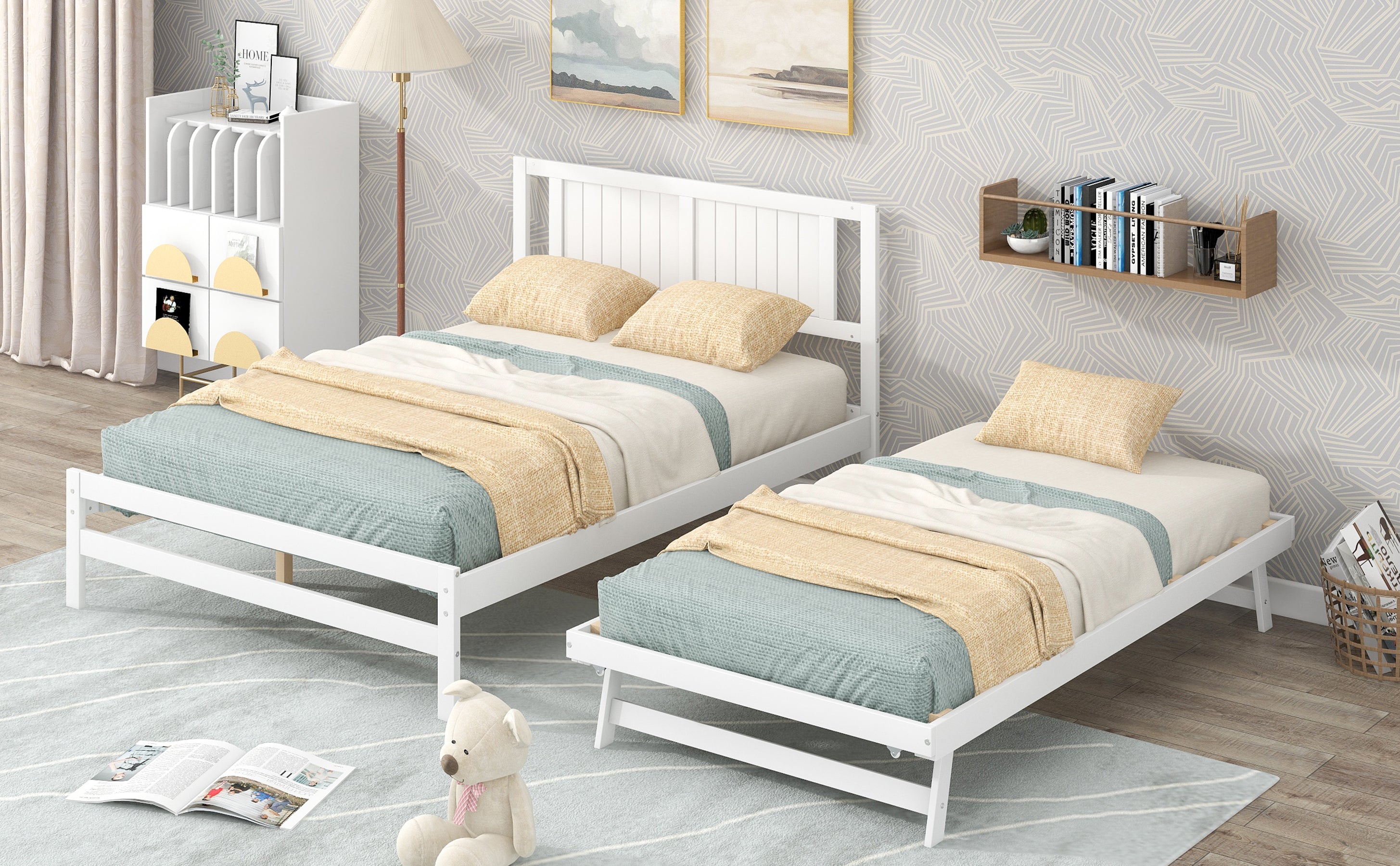 Full Size Platform Bed with Adjustable Trundle (White)