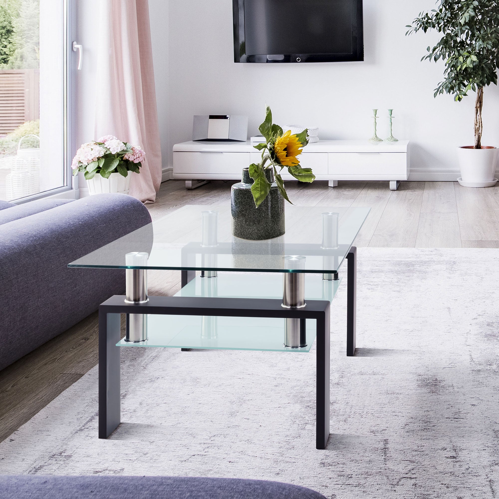 Modern 2-Layer Rectangle Black Glass Coffee Table (Black)