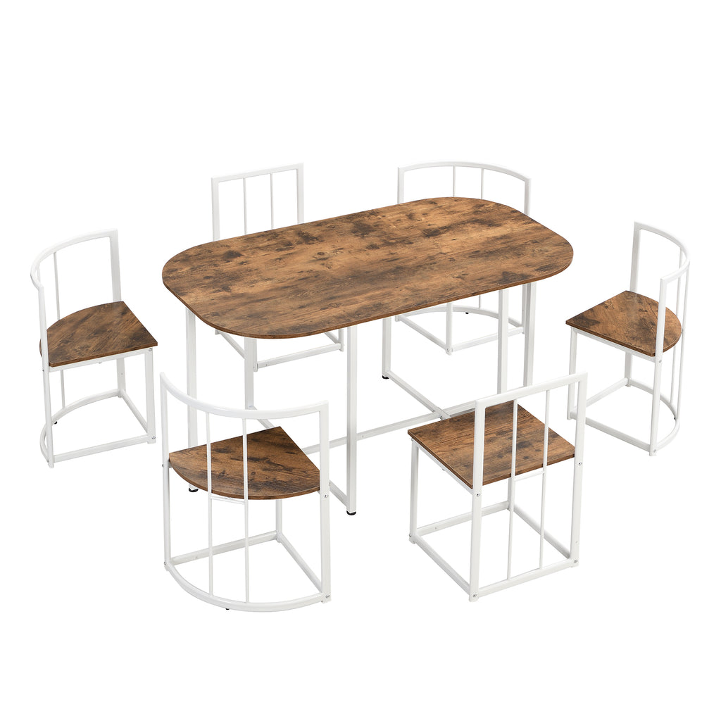 Modern 7-Piece Dining Table Set with Faux Marble (White/Cherry)