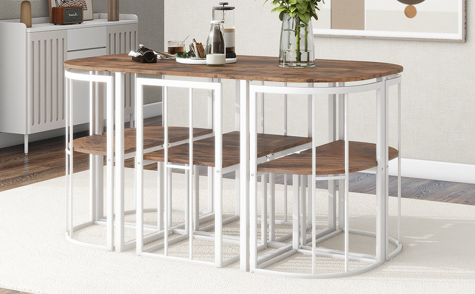Modern 7-Piece Dining Table Set with Faux Marble (White/Cherry)
