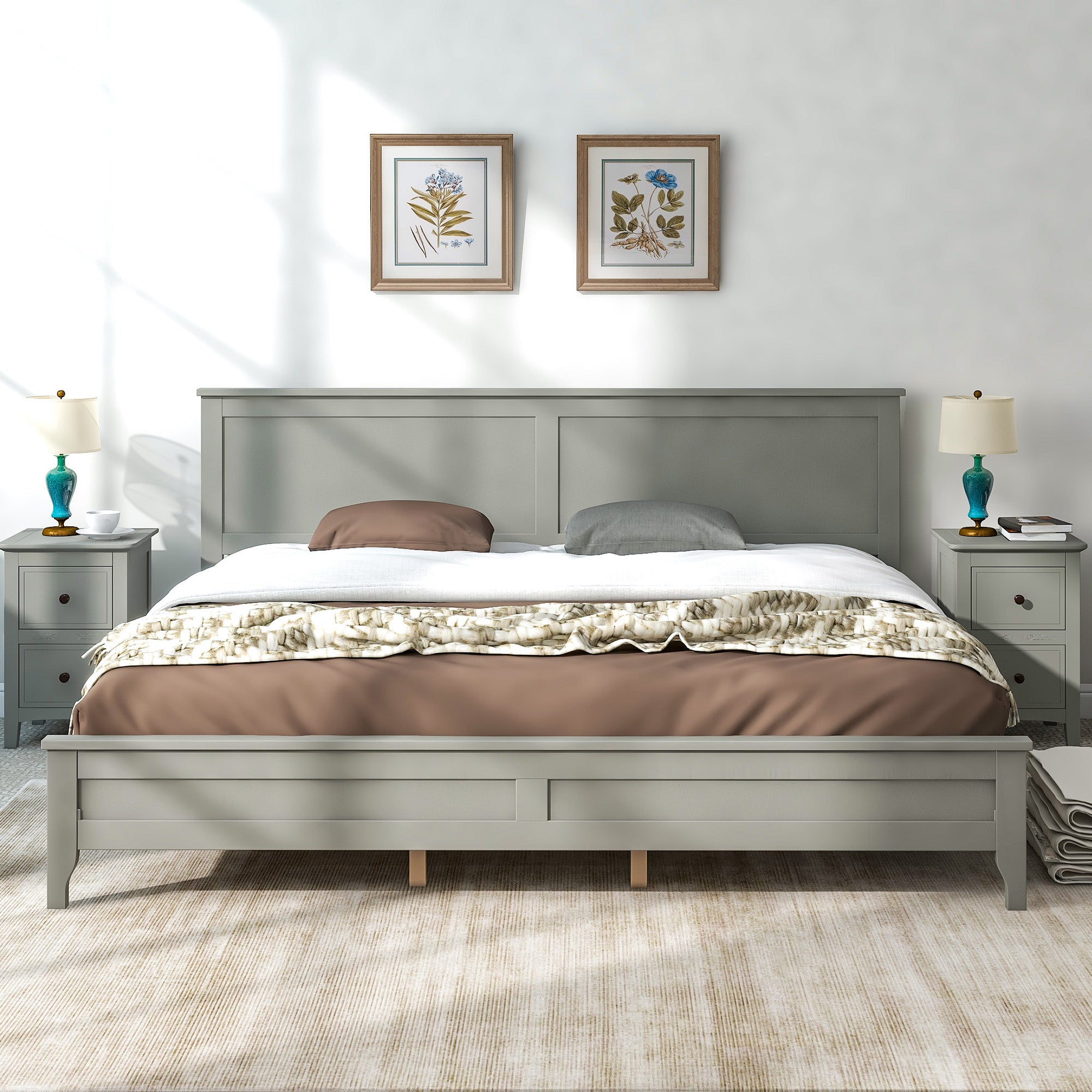 Modern Solid Wood King Platform Bed (Gray)