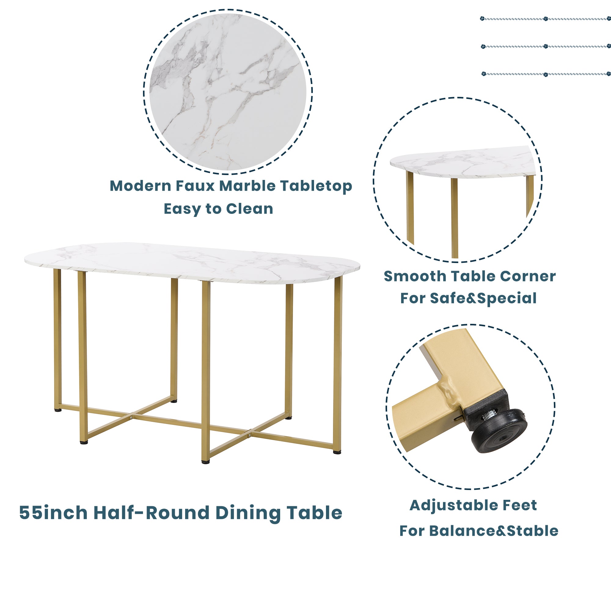 Modern 7-Piece Dining Table Set with Faux Marble (White/Gold)