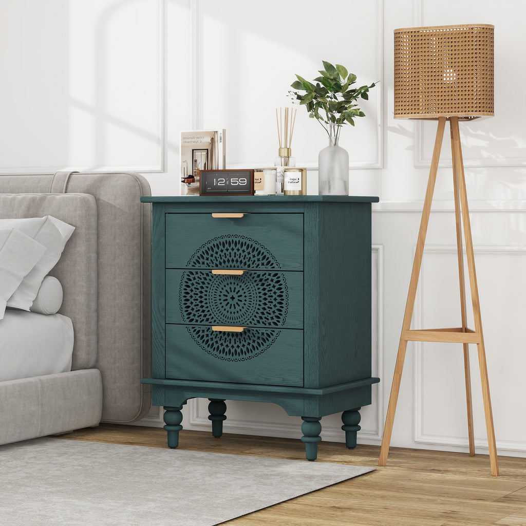 Hollow-Carved 3 Drawer Dresser Chest (Blackish Green)