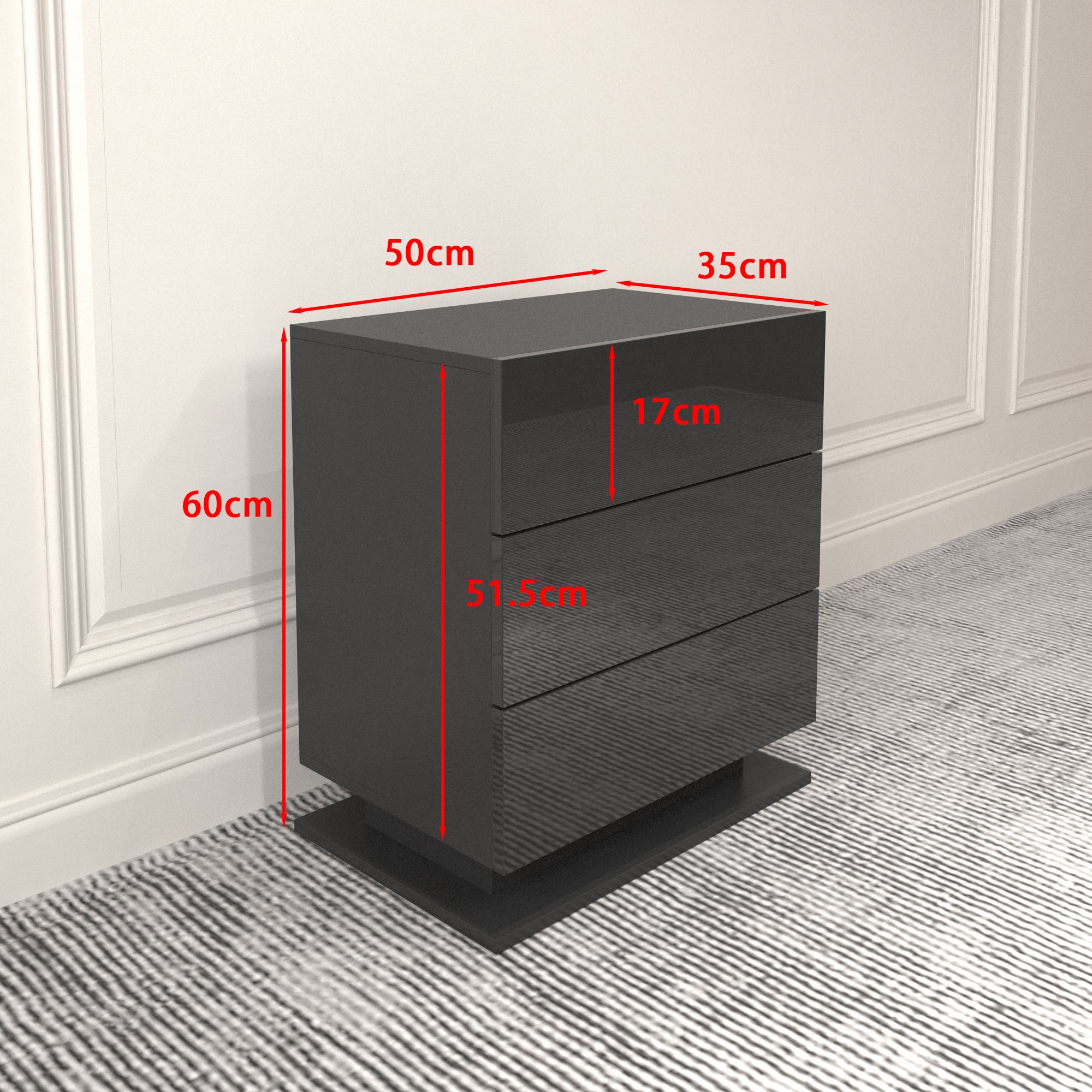 Modern LED Nightstand w/ 3 Drawers (Black)