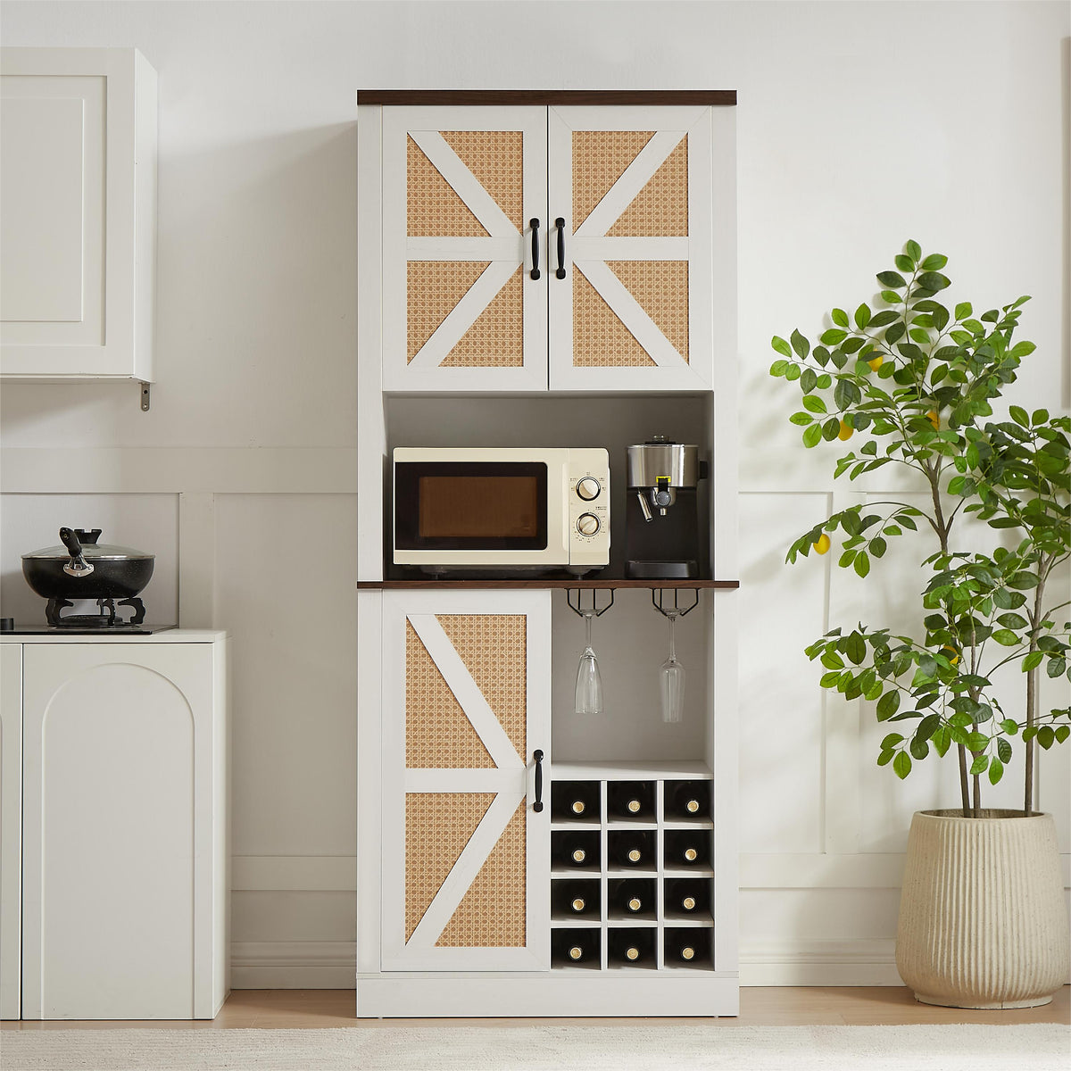 76 Inch Tall Farmhouse Kitchen Faux Rattan Wine Cabinet