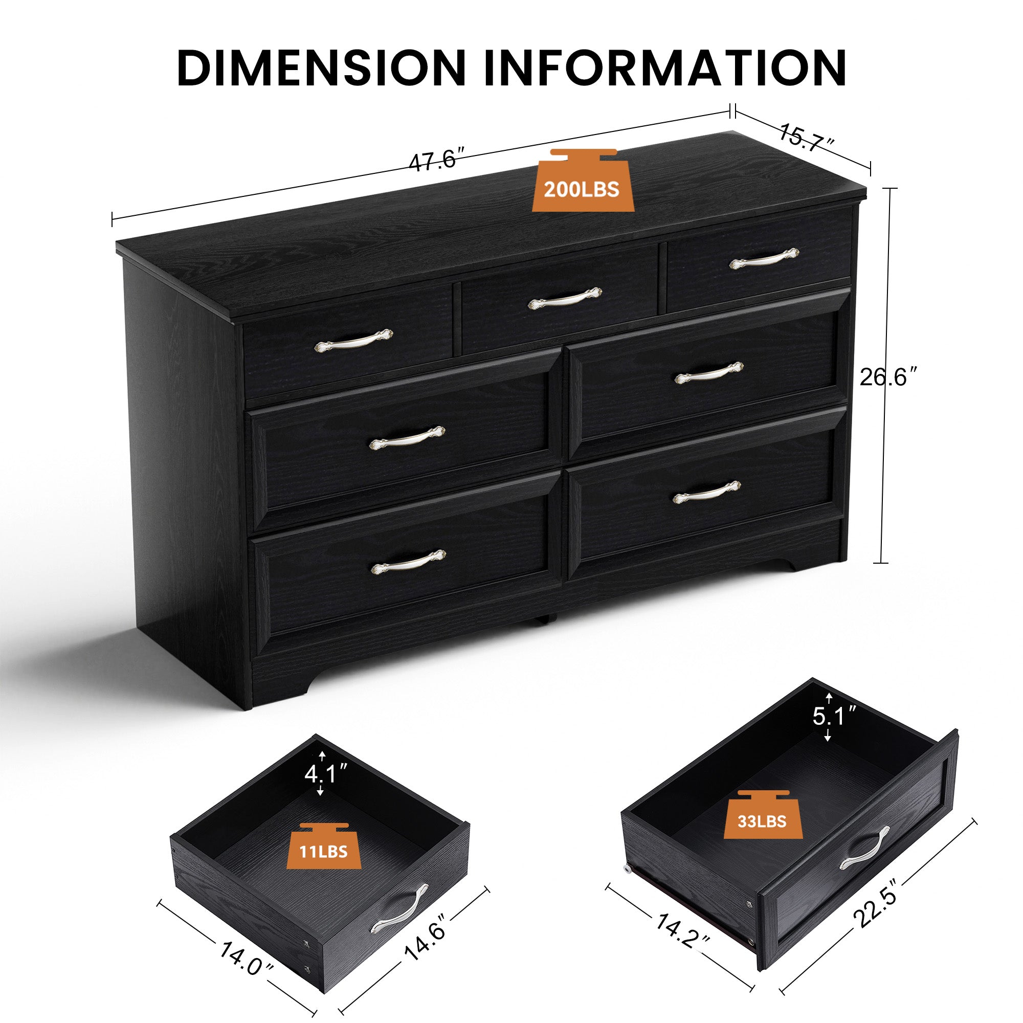 Modern 7 Drawers Dresser w/ Chest (Black)