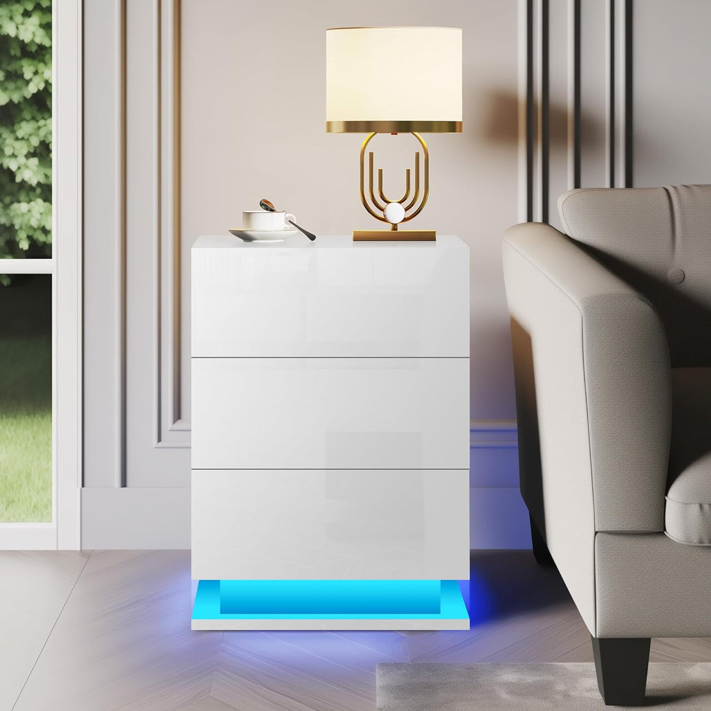 LED Nightstand with 3 drawers (White)
