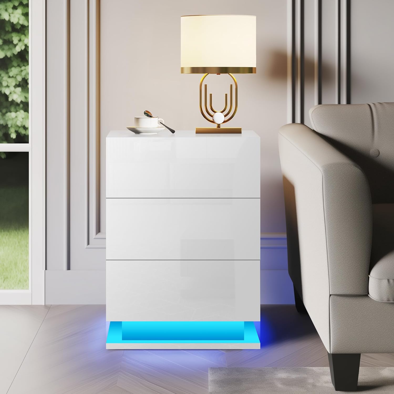 LED Nightstand with 3 drawers (White)