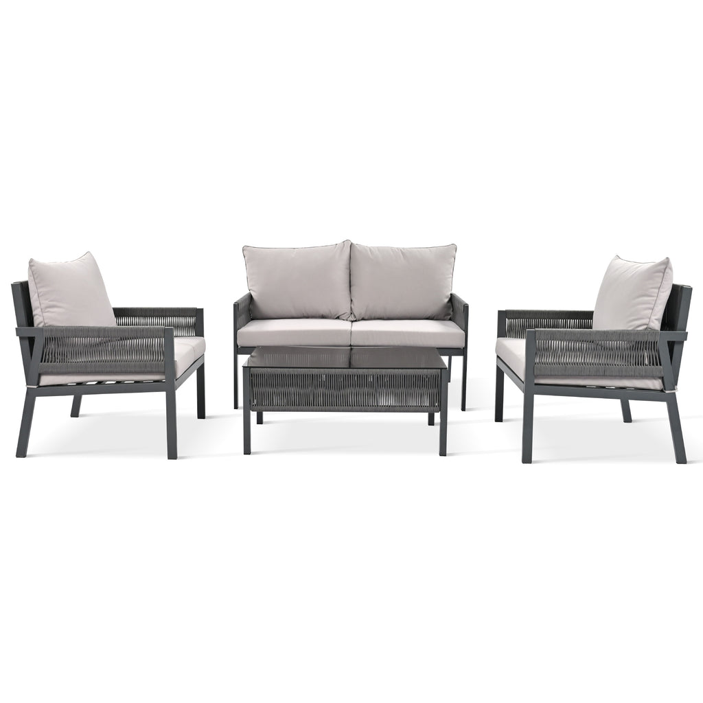 4 PC Boho Outdoor Furniture w/ Tempered Glass Table (Gray)