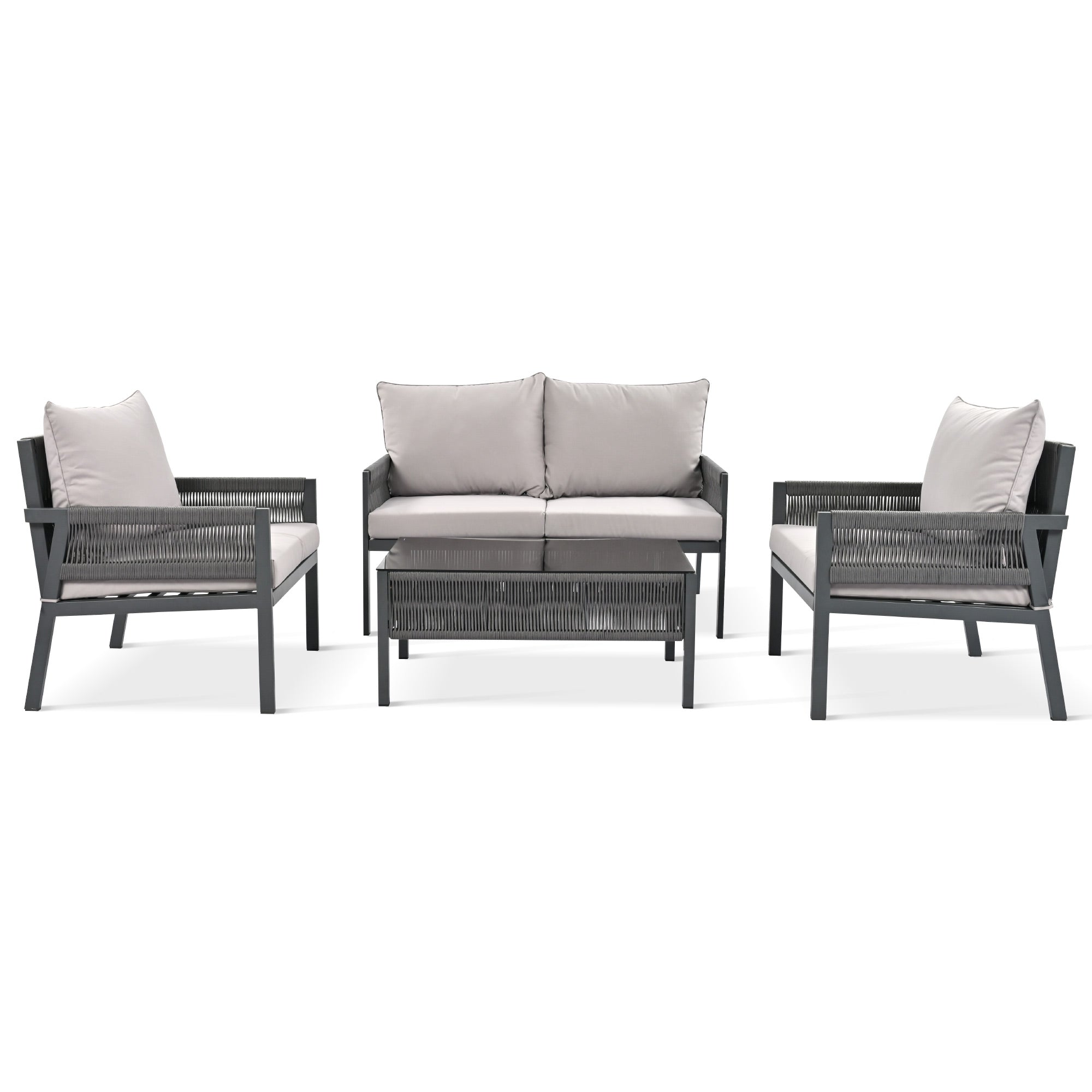 4 PC Boho Outdoor Furniture w/ Tempered Glass Table (Gray)