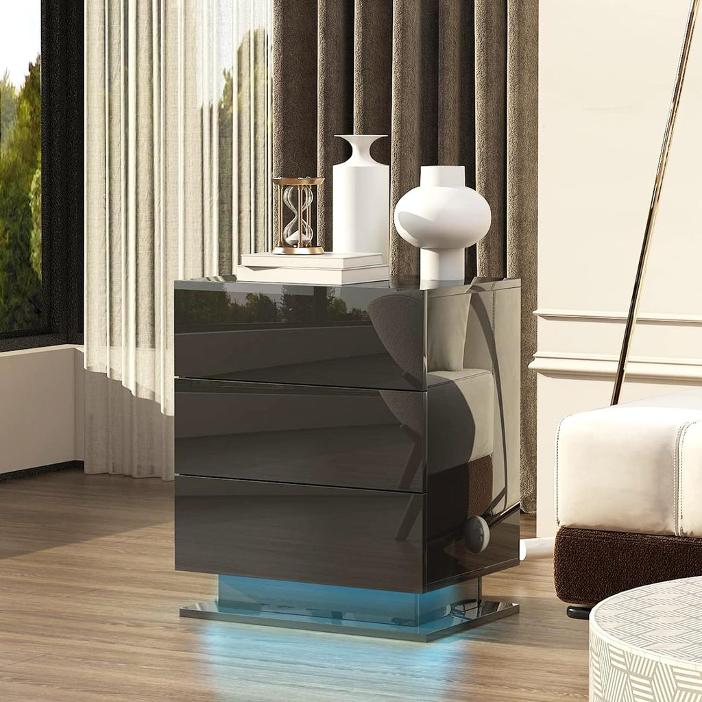 Modern LED Nightstand w/ 3 Drawers (Black)