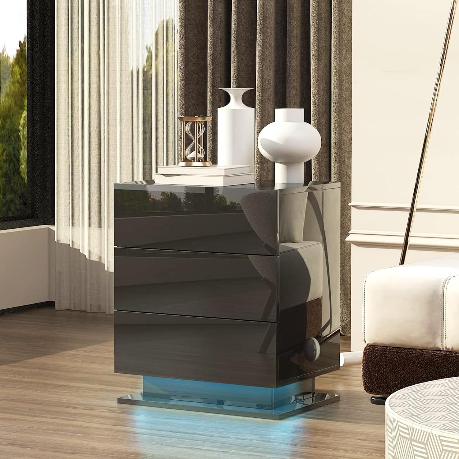 Modern LED Nightstand w/ 3 Drawers (Black)