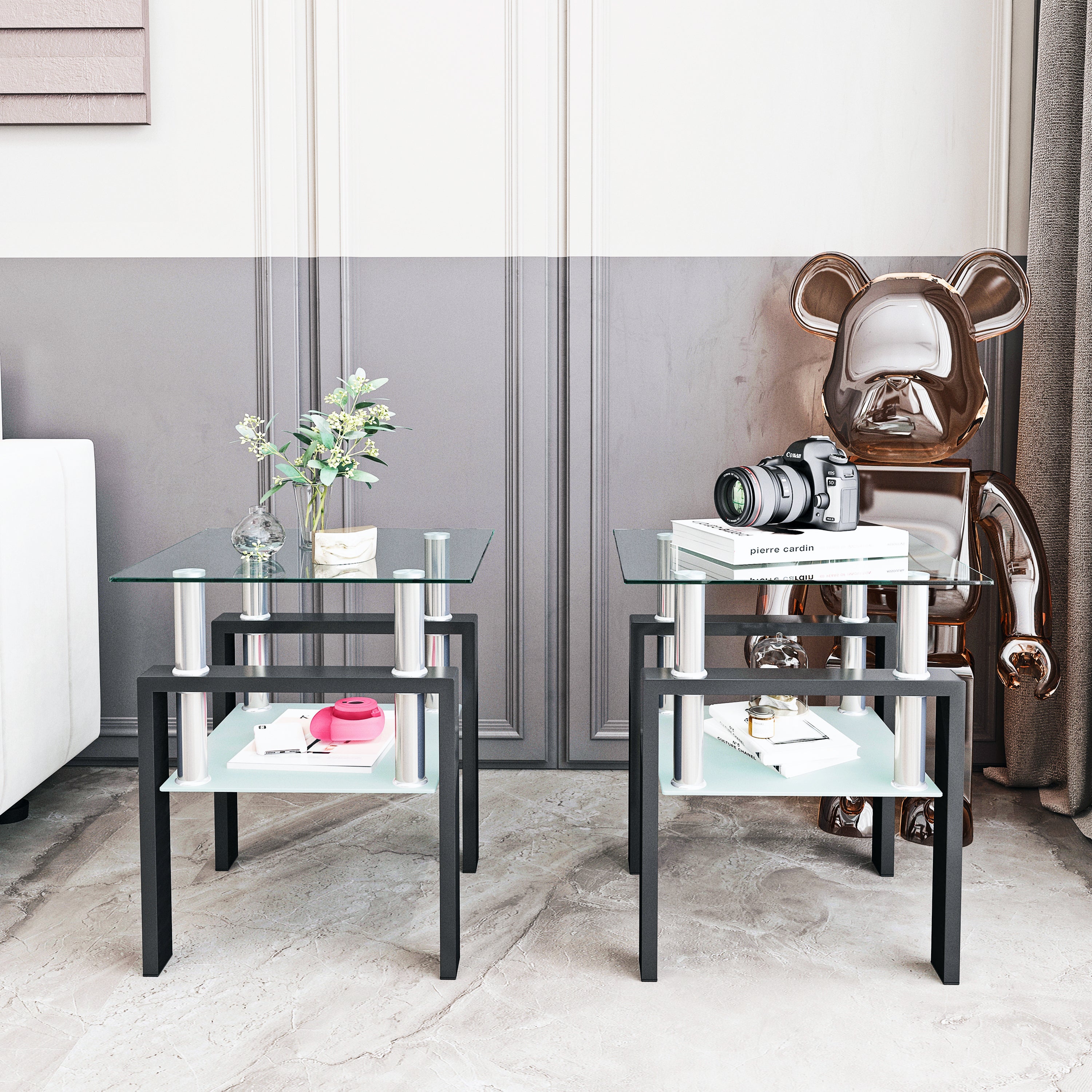 Set of 2, Modern Tempered Glass Coffee Table (Black)