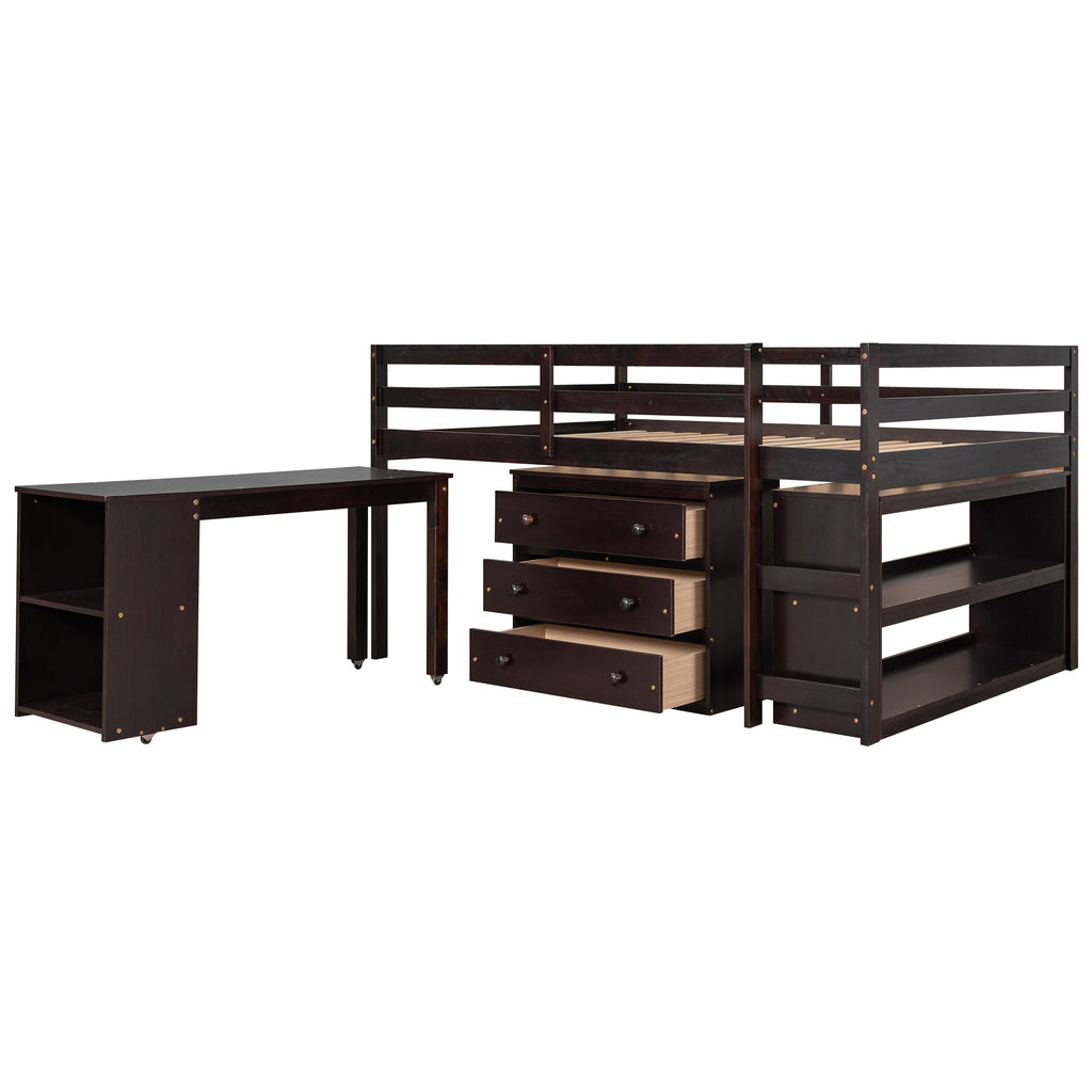 Low Study Full Loft Bed w/ Cabinet Shelves & Desk (Espresso)