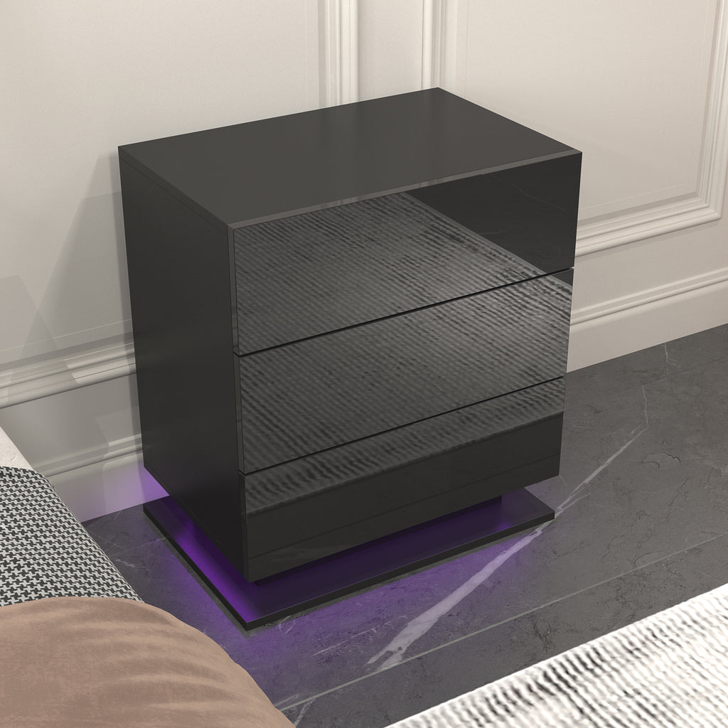 Modern LED Nightstand w/ 3 Drawers (Black)