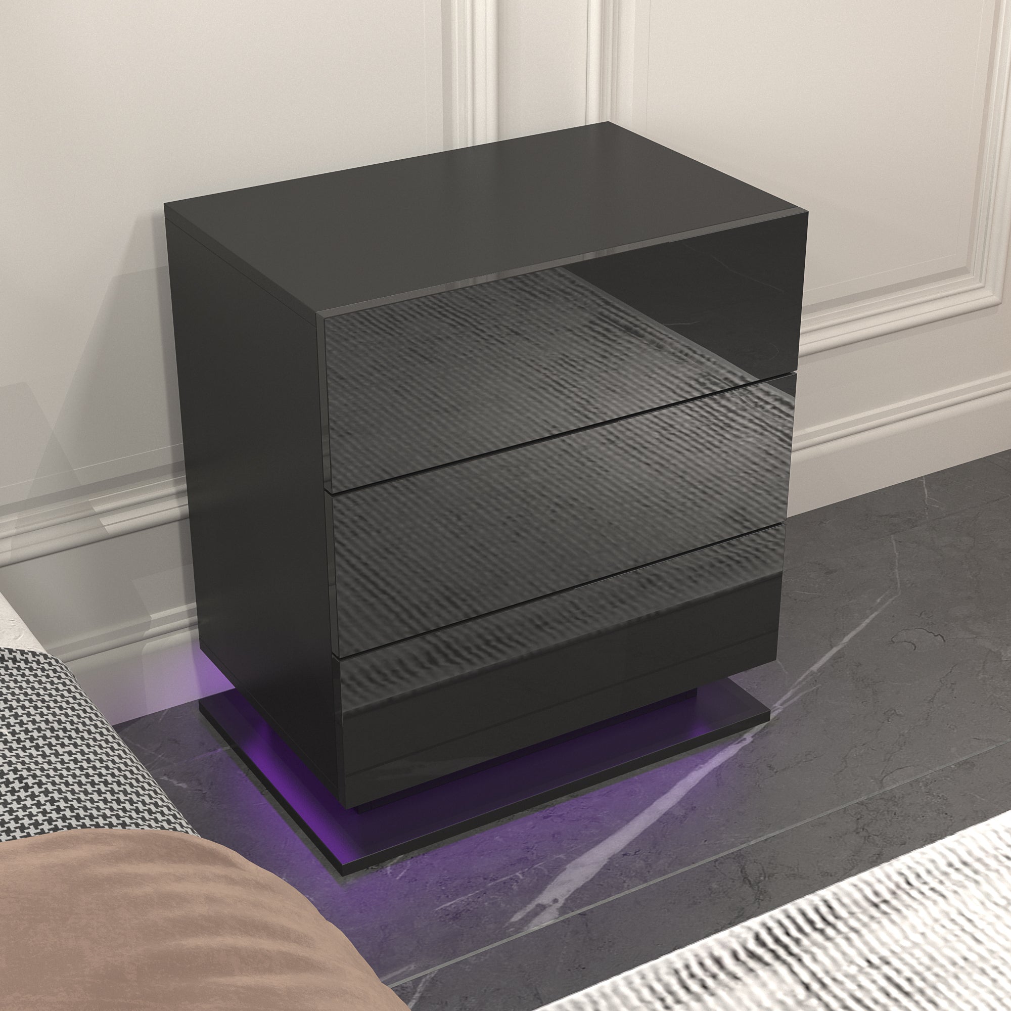 Modern LED Nightstand w/ 3 Drawers (Black)