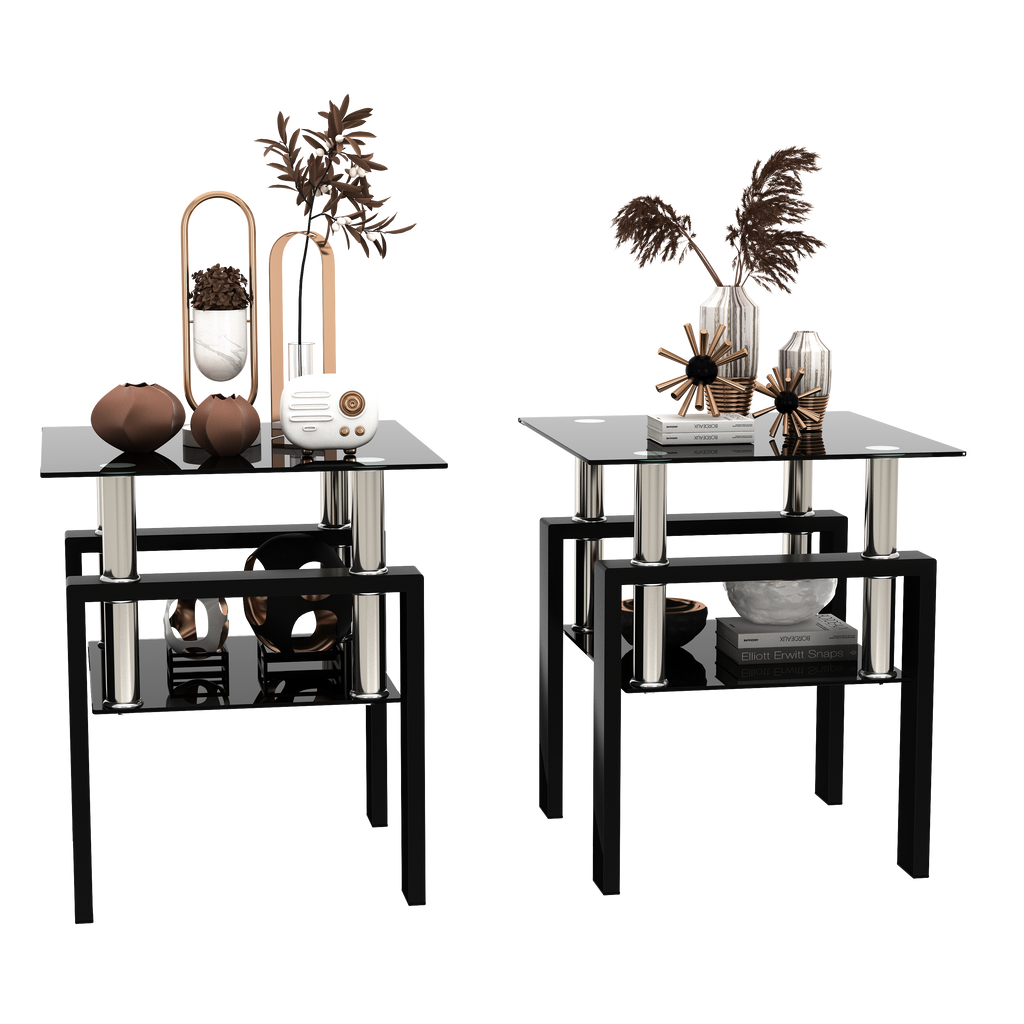 Set of 2, Modern Tempered Glass Coffee Table (Black)