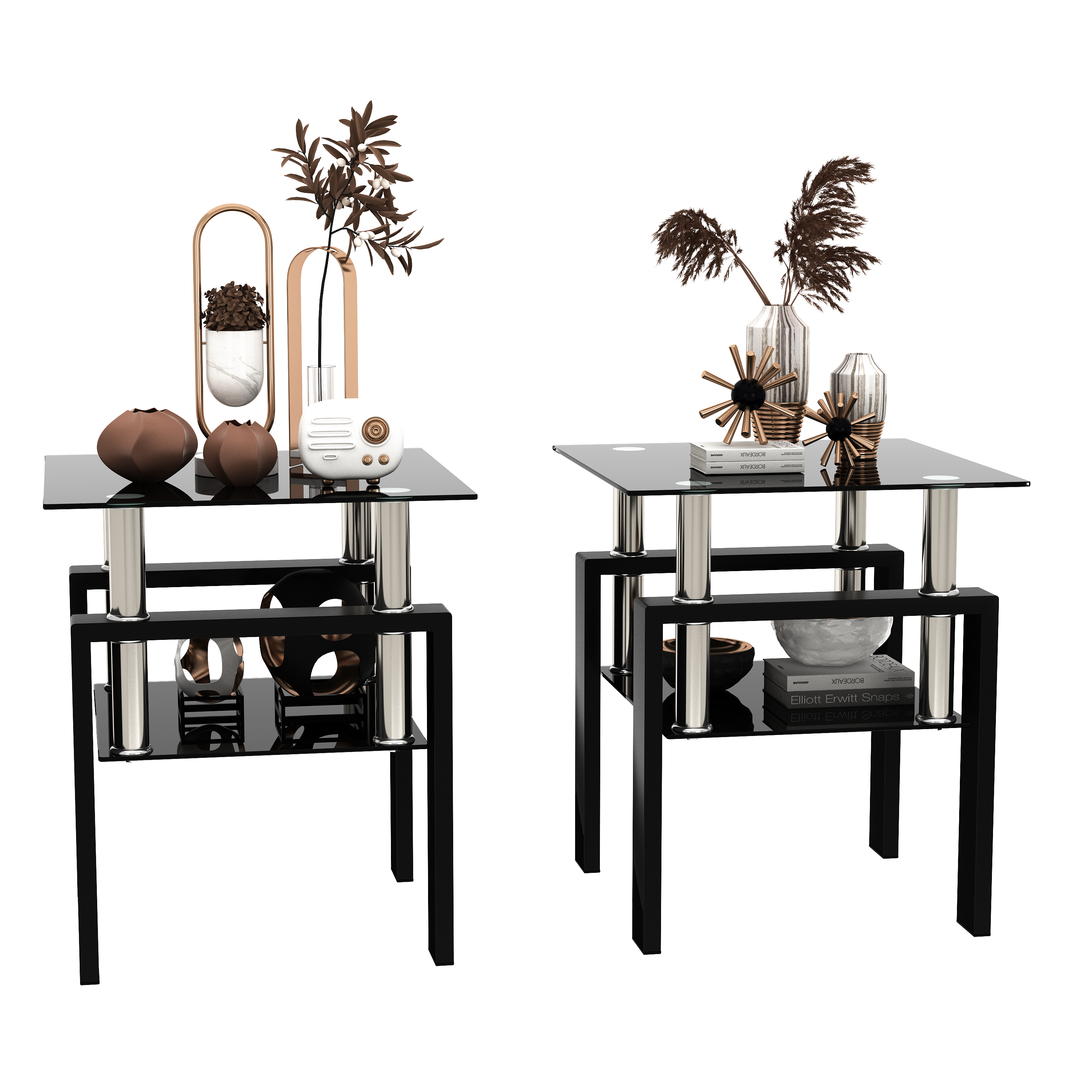 Set of 2, Modern Tempered Glass Coffee Table (Black)