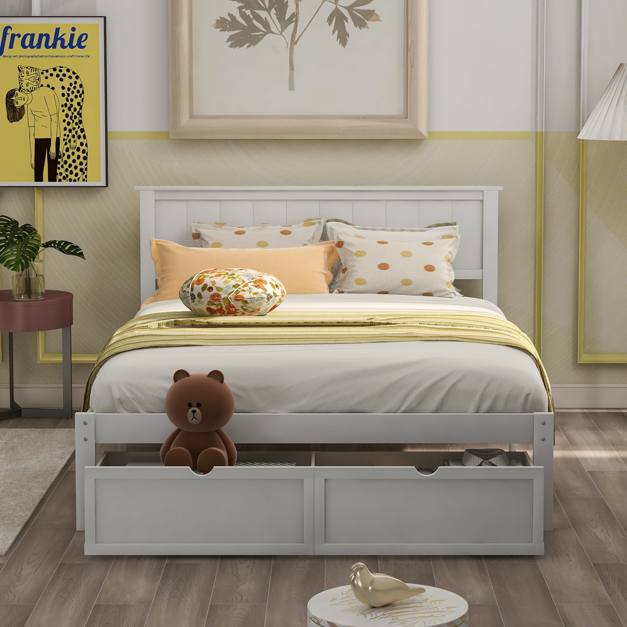 Full Size Platform Bed w/ Under-bed Drawers (White)
