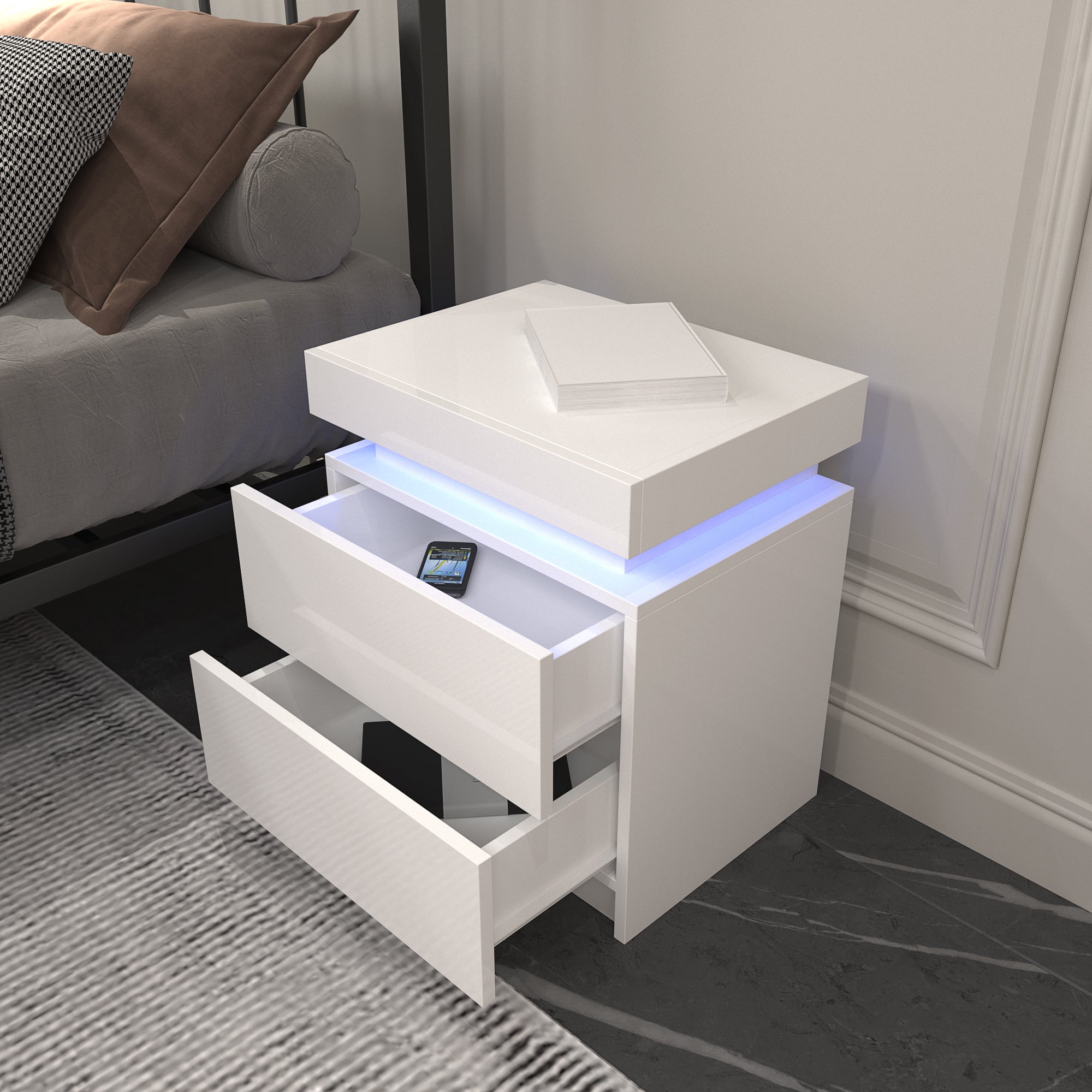 Modern LED Nightstand w/ 2 Drawers (White)