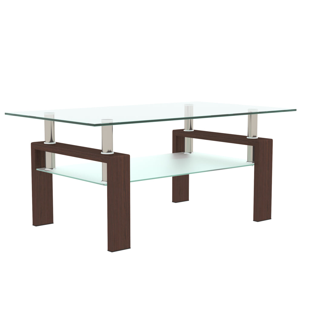 Modern 2-Layer Rectangle Glass Coffee Table (Walnut)
