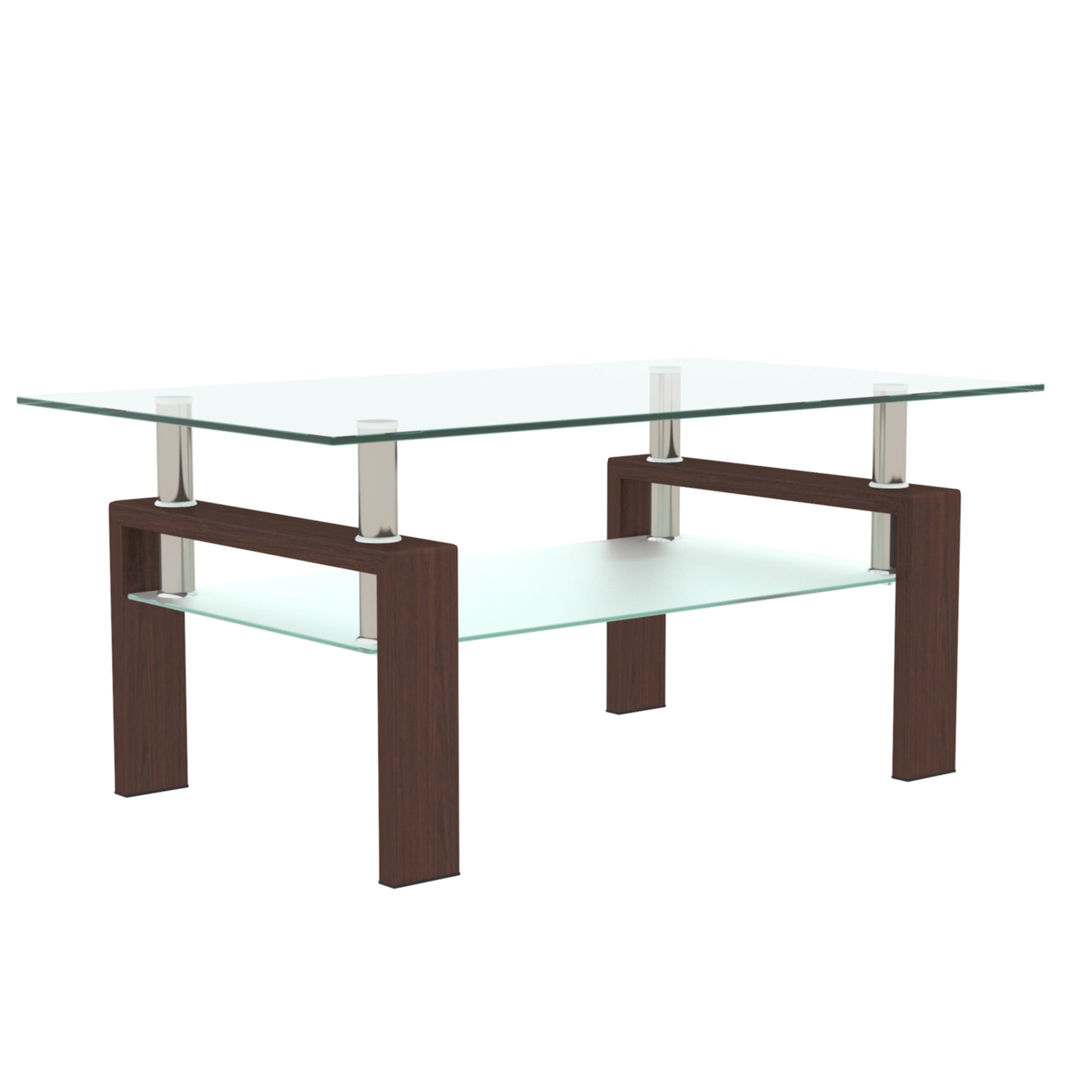 Modern 2-Layer Rectangle Glass Coffee Table (Walnut)
