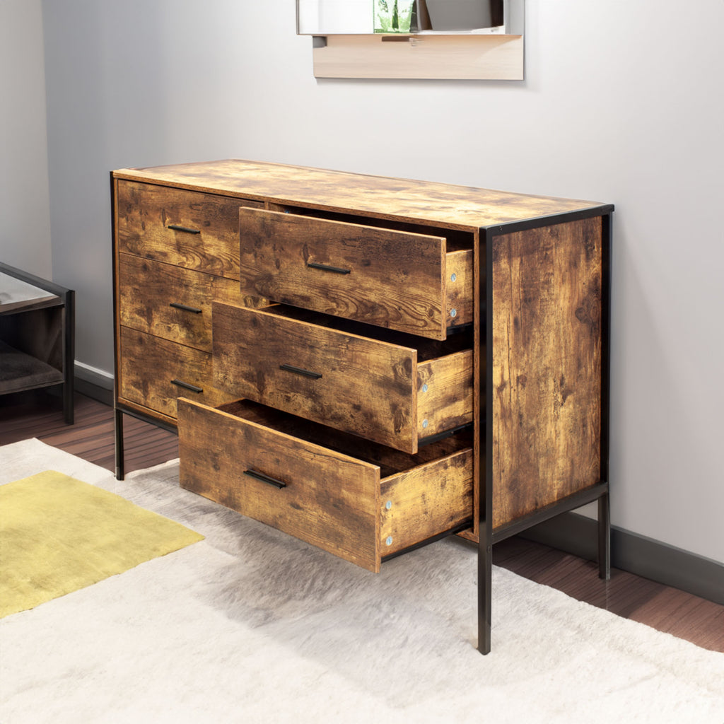 Rustic 6 Drawer Wooden Dresser (Brown)