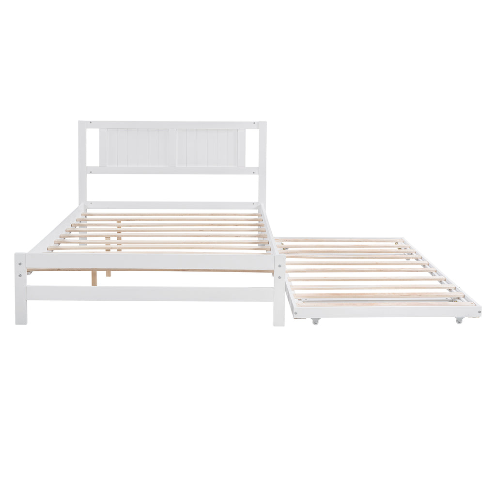 Full Size Platform Bed with Adjustable Trundle (White)