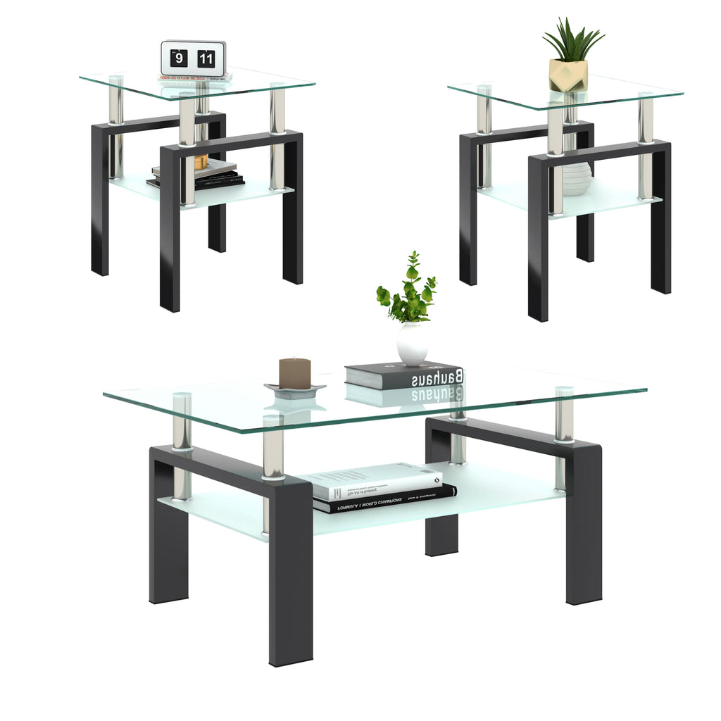 Set of 2, Modern Tempered Glass Coffee Table (Black)