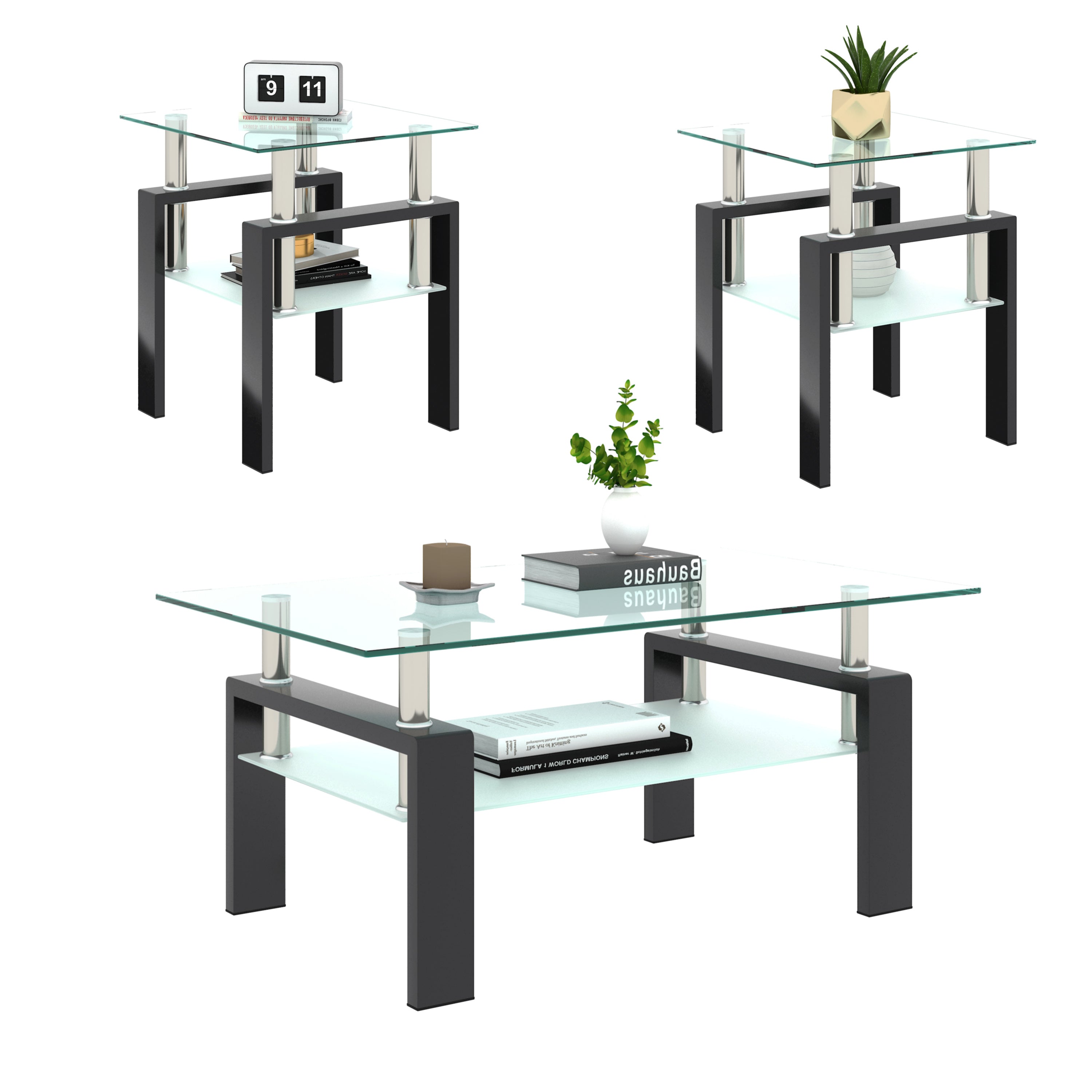 Set of 2, Modern Tempered Glass Coffee Table (Black)