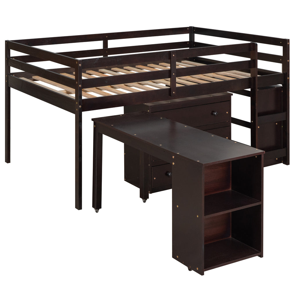 Low Study Full Loft Bed w/ Cabinet Shelves & Desk (Espresso)