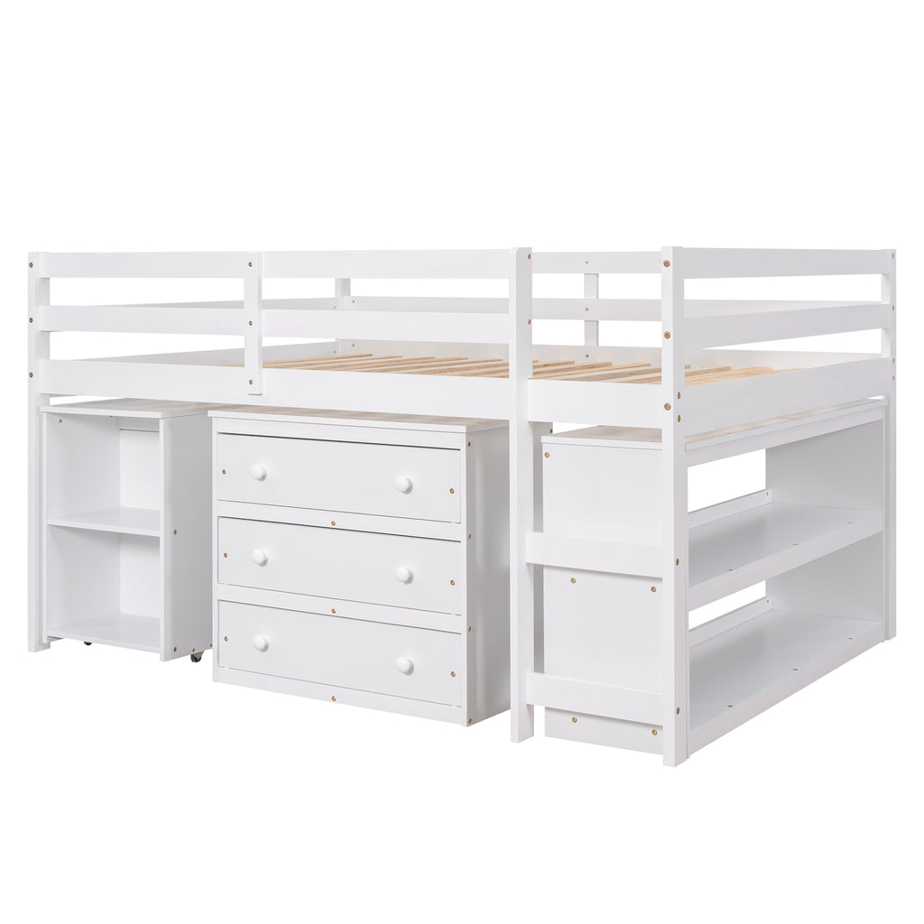 Low Study Full Loft Bed w/ Cabinet Shelves & Desk (White)