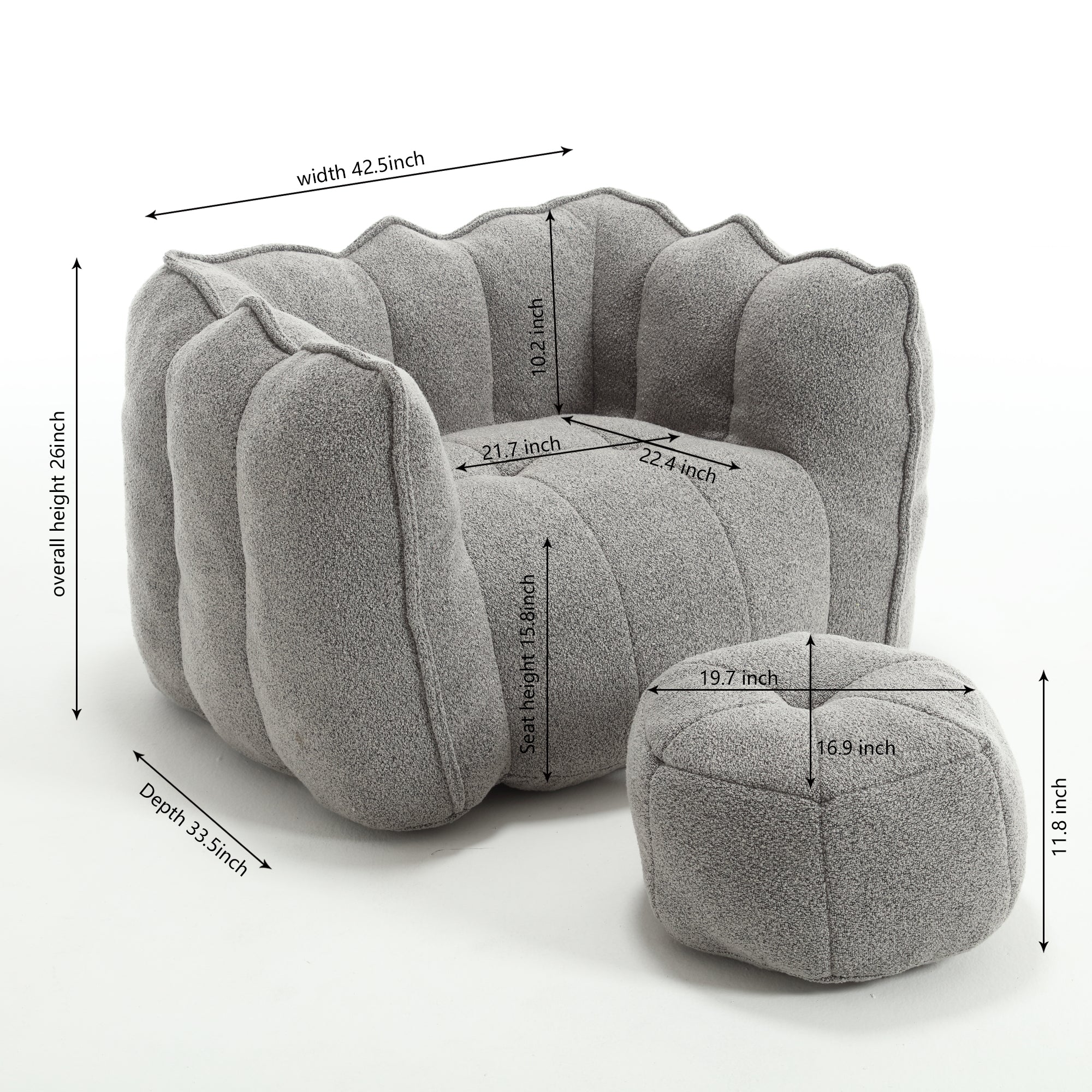 Plush Foam Lounger w/ Ottoman (Gray)